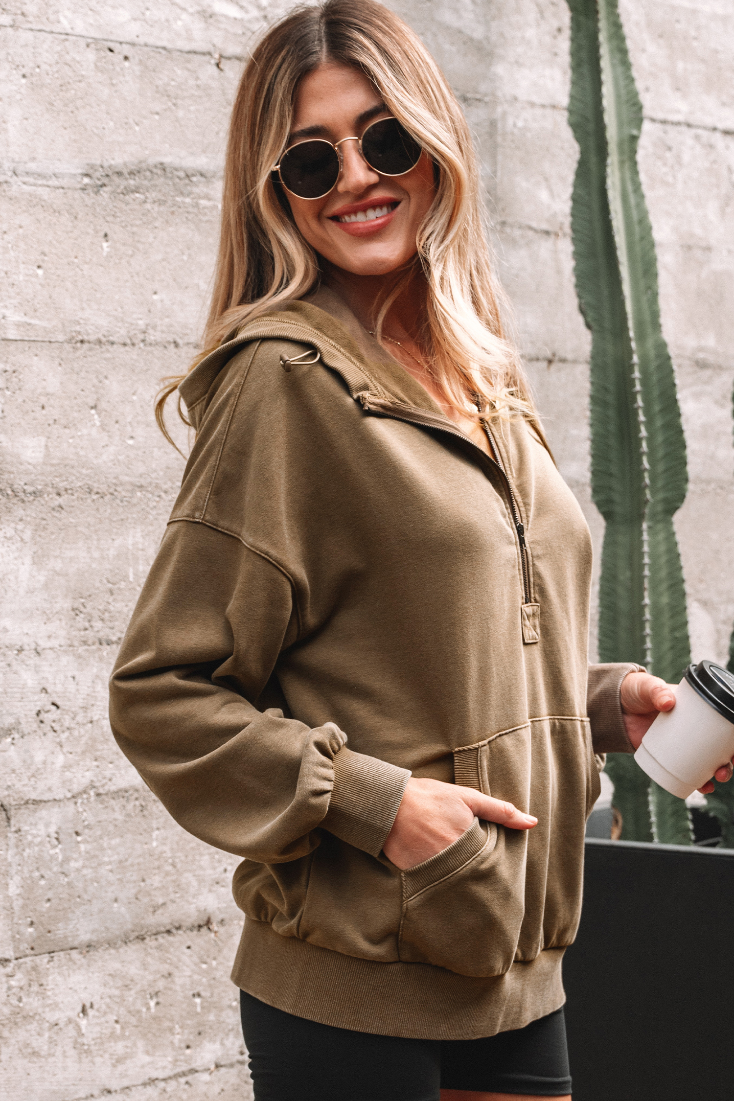Canton Half Zip Kangaroo Pocket Mineral Wash Baggy Hoodie - loveforevers