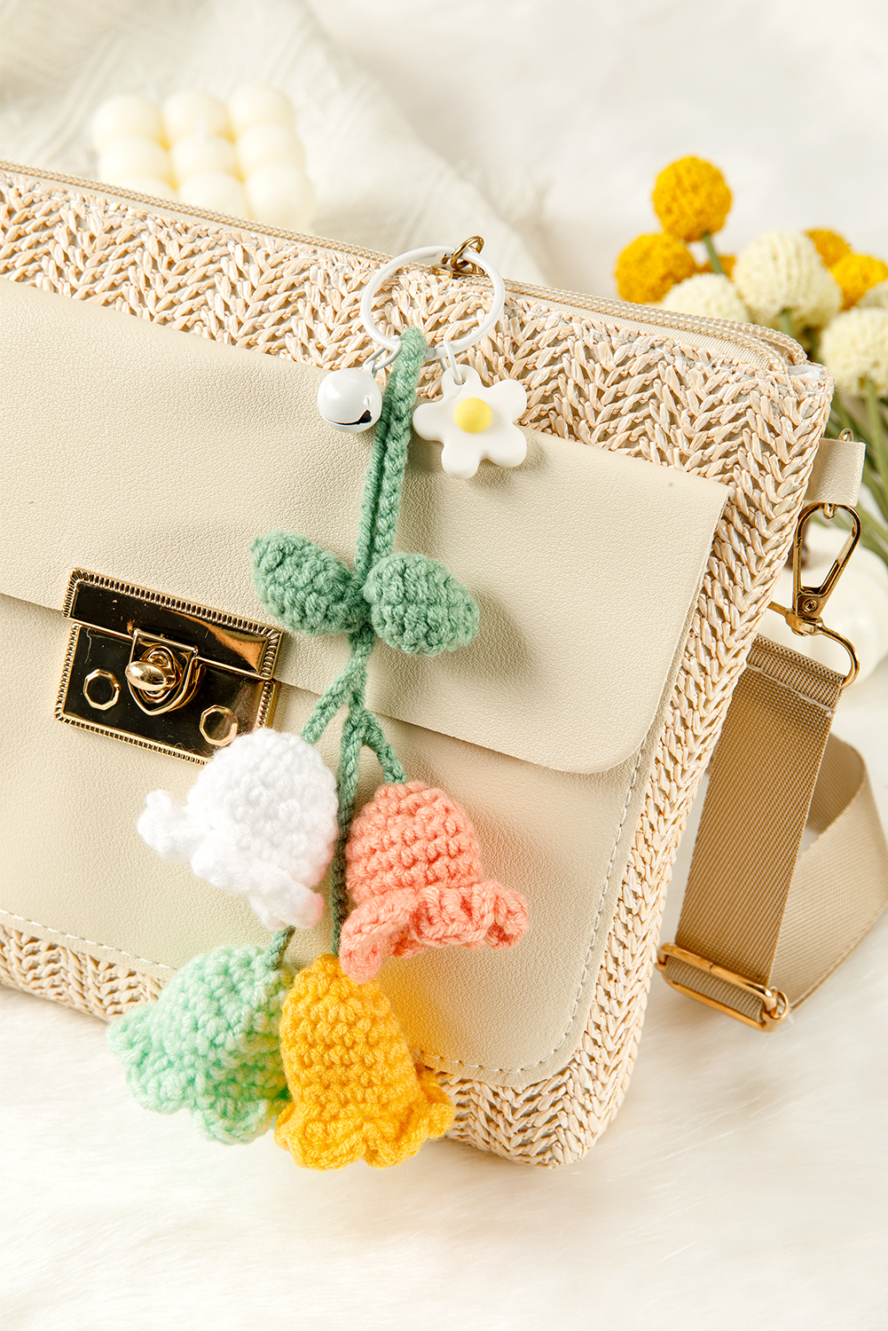 Meadow Mist Green Handmade Crochet Bell Orchid Flower Key Ring Bag Pendant - loveforevers