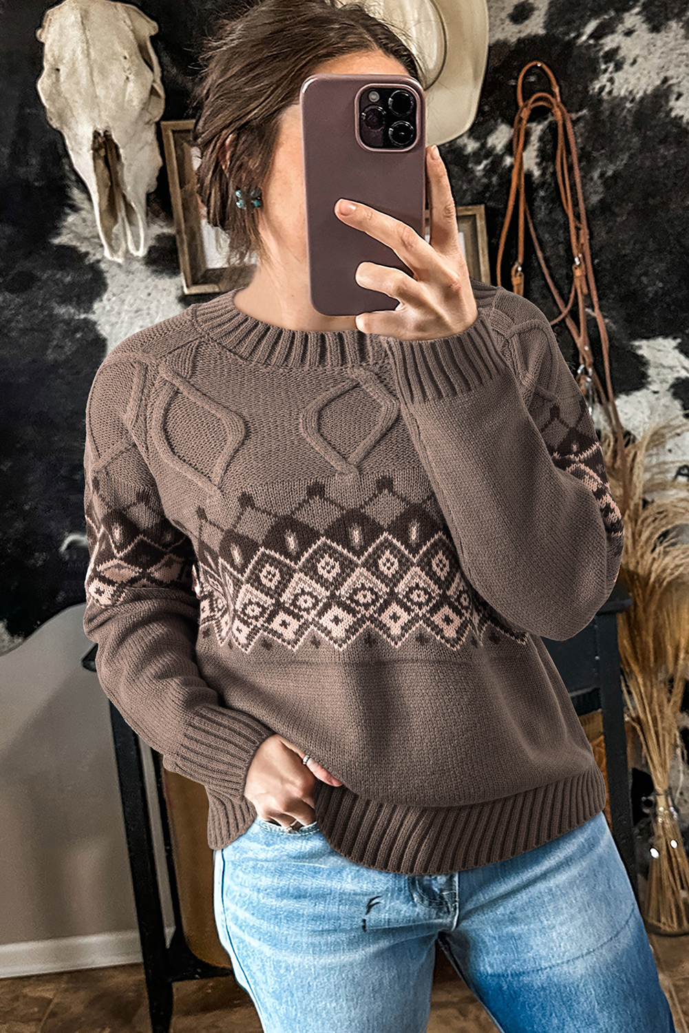 Light French Beige Western Geometric Patterned Crew Neck Knitted Sweater - loveforevers