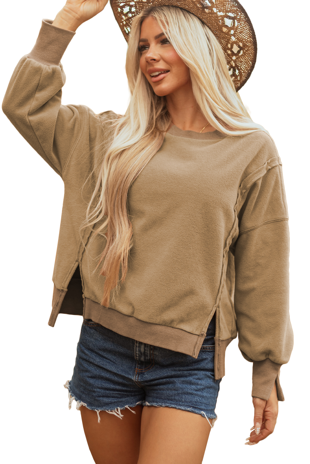 Dark Khaki Fuzzy Sherpa Splicing Pullover Sweatshirt with Side Slit - loveforevers