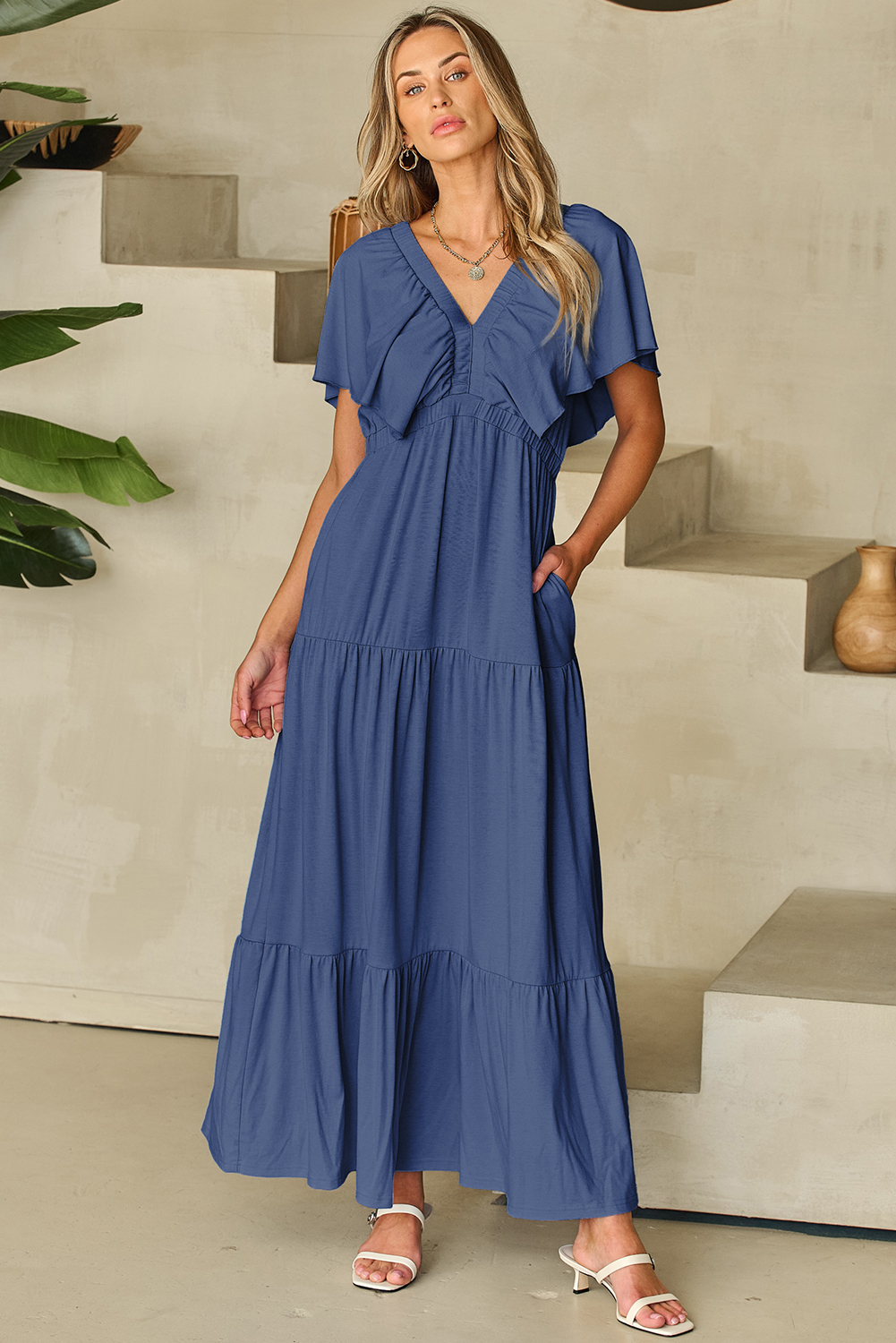 Grass Green Textured V Neck Flutter Sleeve Ruffled Maxi Dress - loveforevers