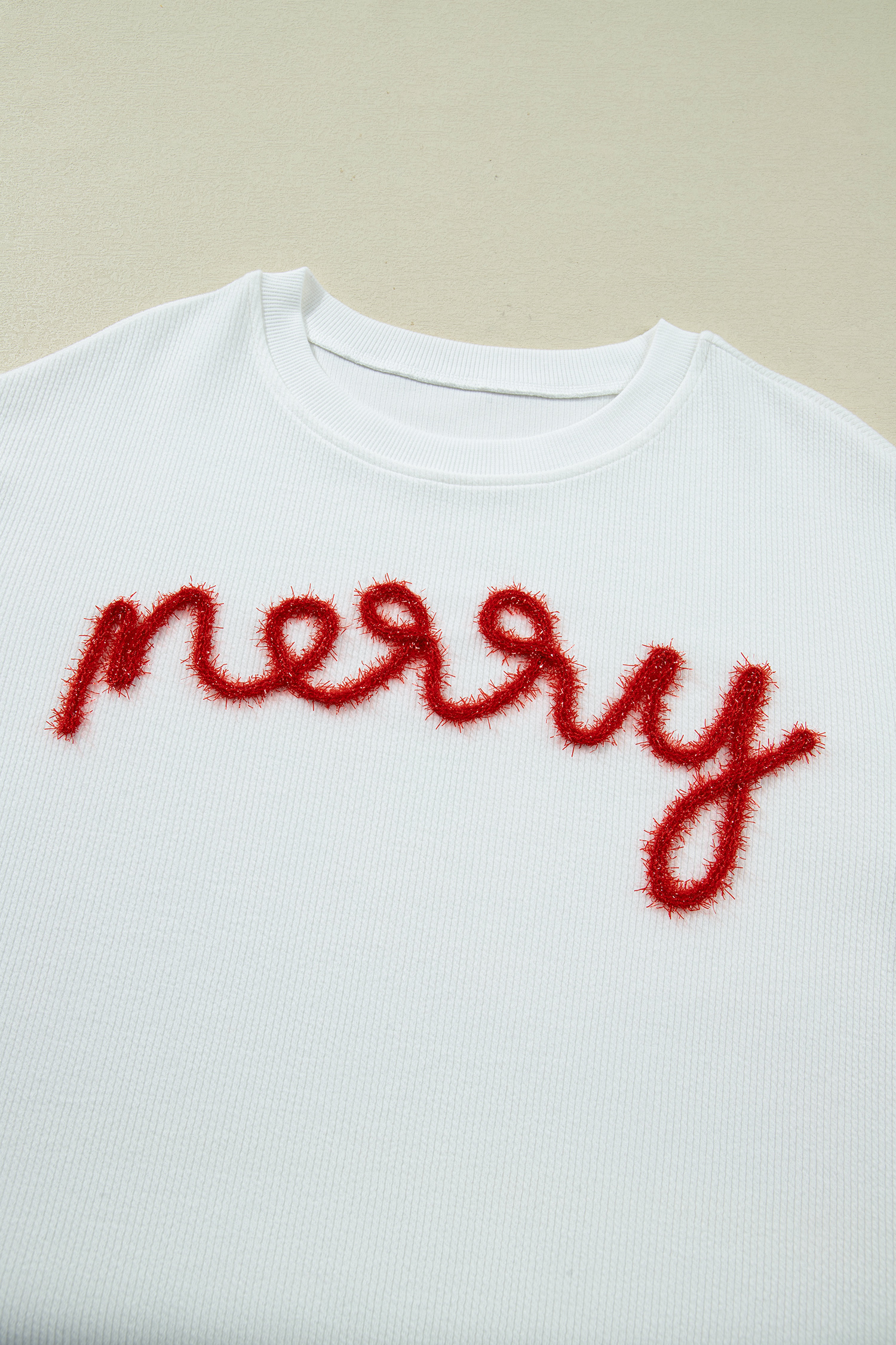 White Merry Tinsel Letter Embroidery Ribbed Drop Shoulder Sweatshirt - loveforevers