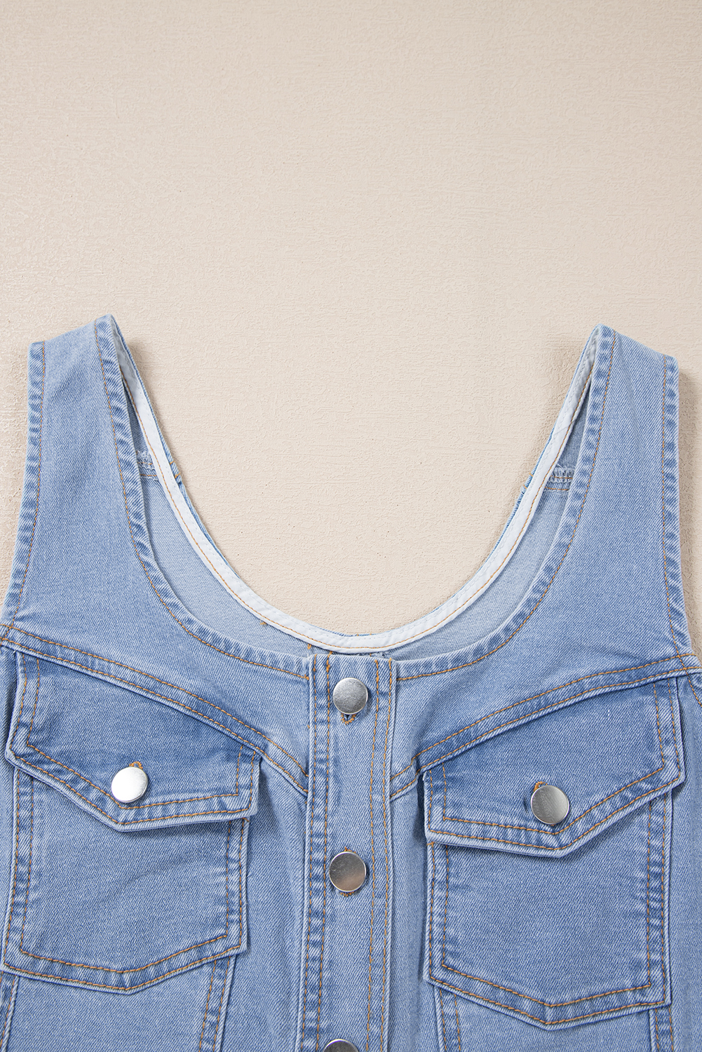 Beau Blue Light Wash Denim Buttoned Front Chest Pockets Sleeveless Slim Mini Dress - loveforevers