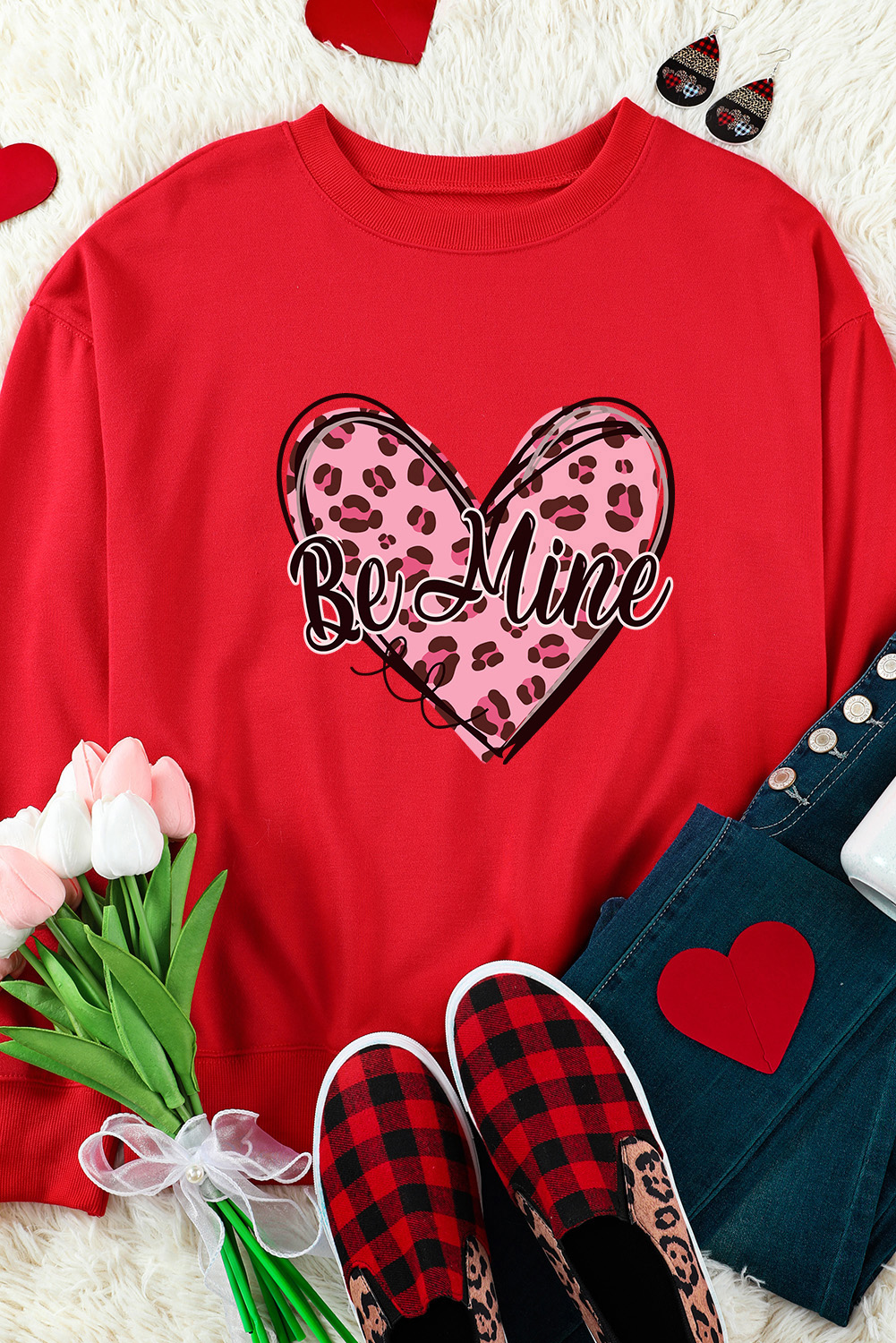 Red Be mine Leopard Heart Printed Valentines Sweatshirt - loveforevers
