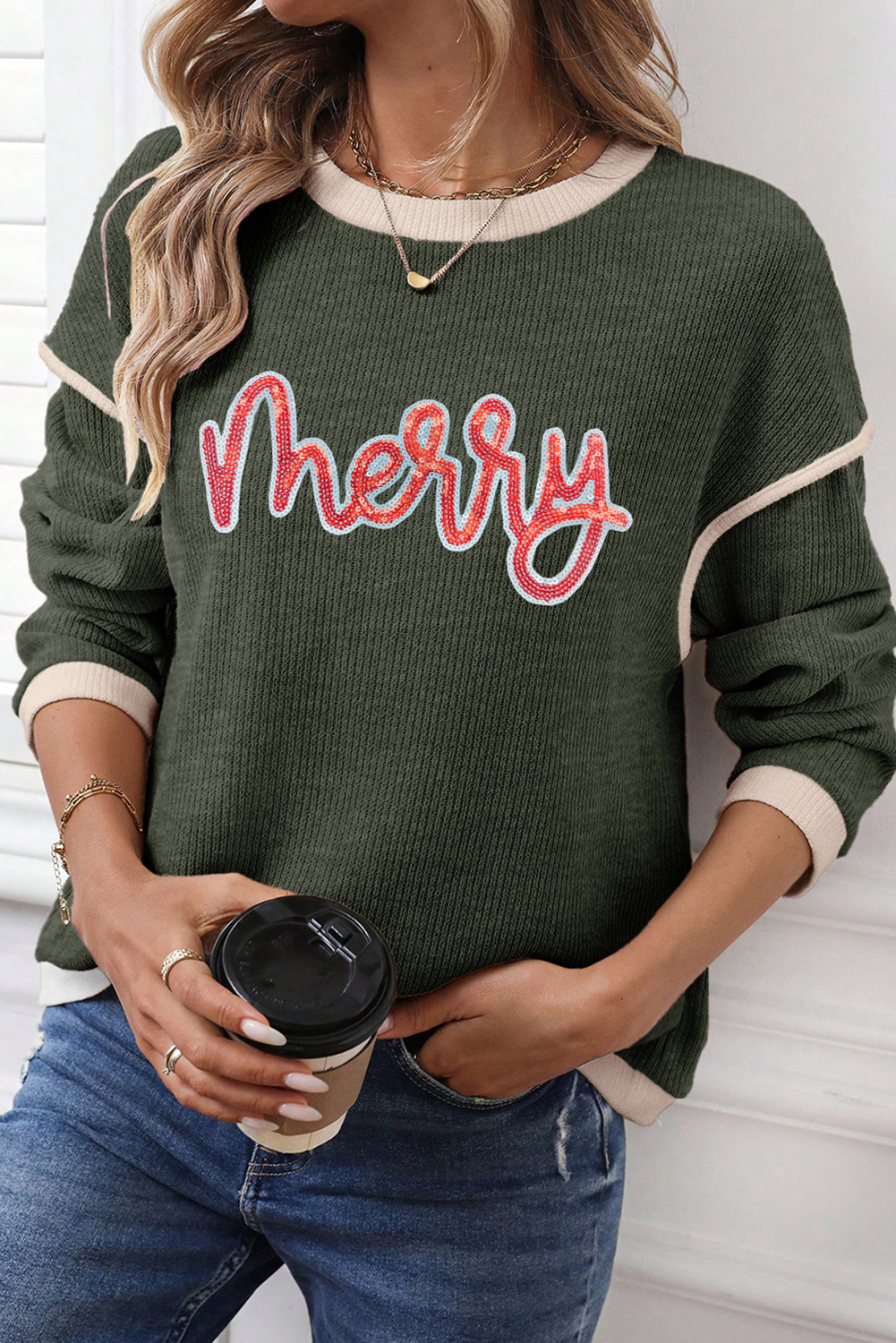 Four Leaf Clover Merry Patched Graphic Contrast Trim Christmas Knitted Long Sleeve Top - loveforevers