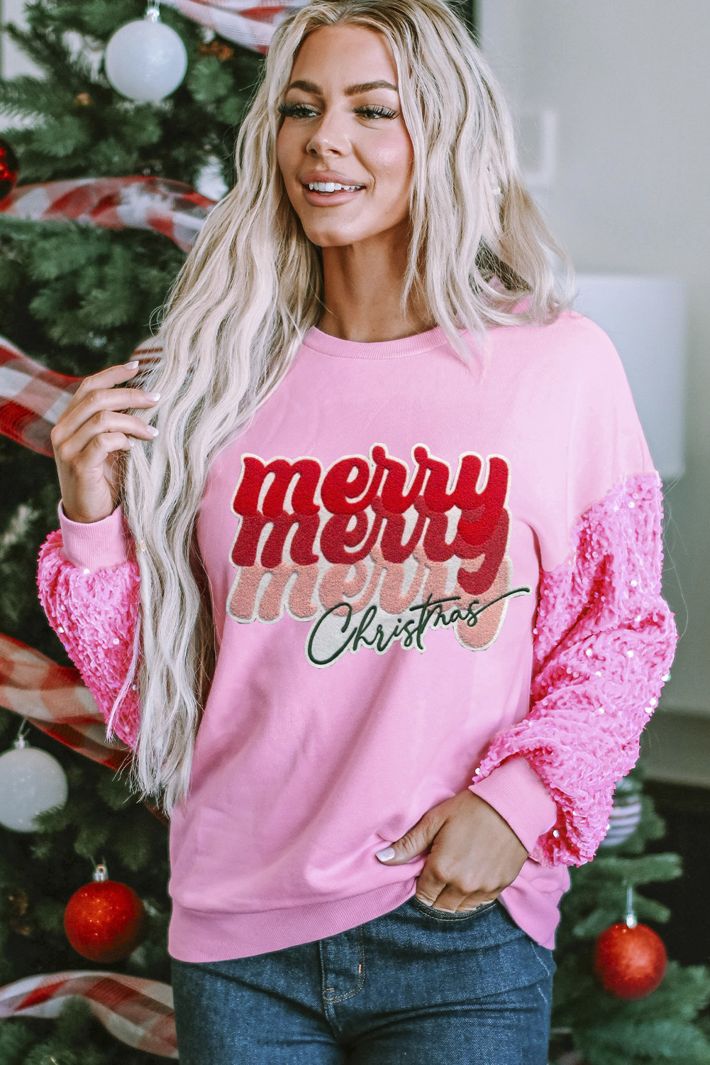 Pink Shiny Father Christmas Graphic Sequin Long Sleeve Top - loveforevers