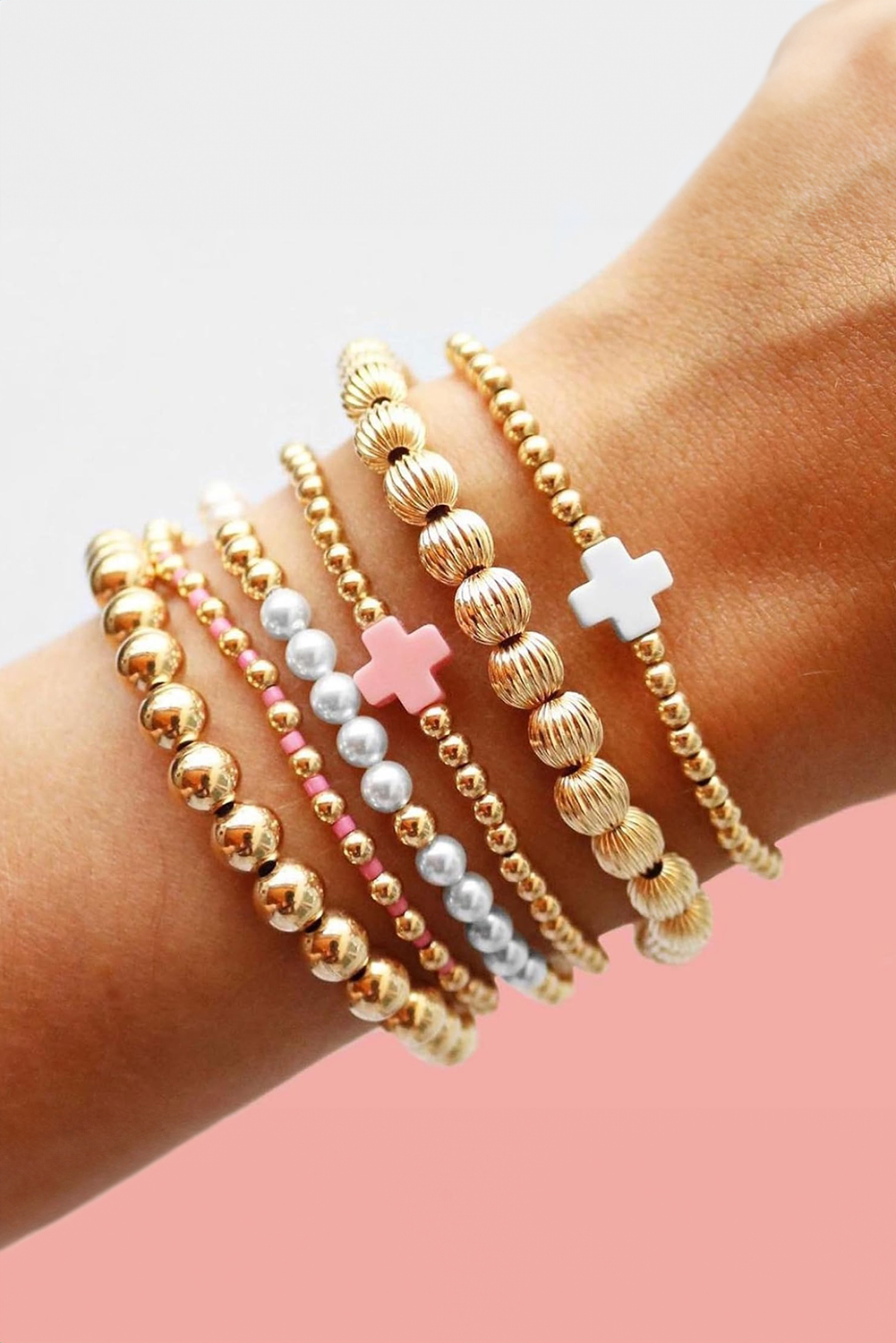 Gold Plated Beading Pearl Cross Decor Multilayer Bracelet - loveforevers