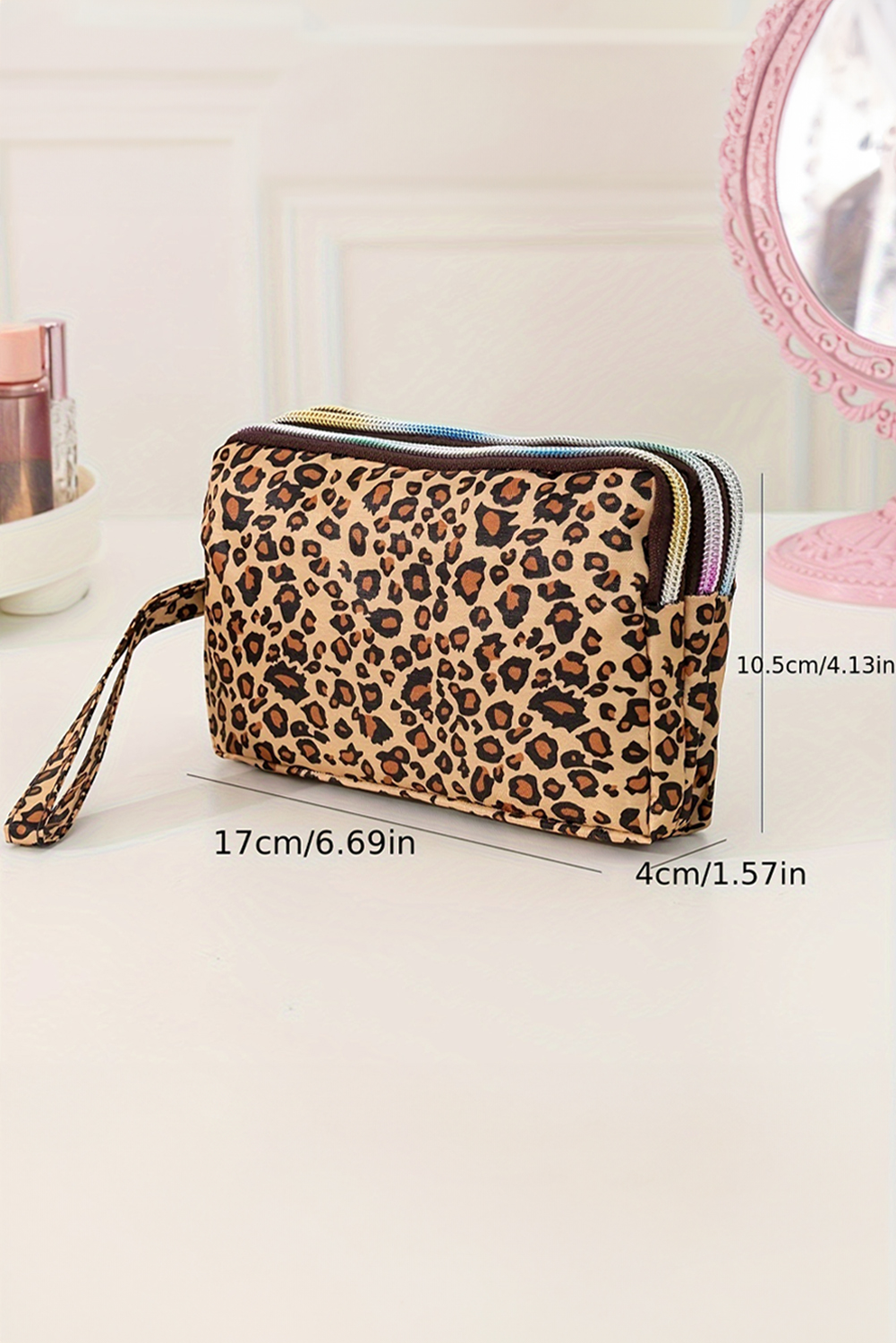 Brown Leopard Print PU Leather Wristlet Zipper Makeup Bag - loveforevers