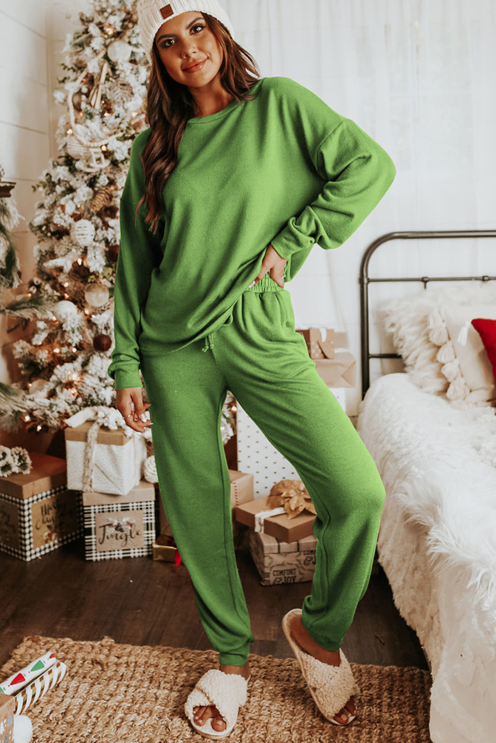 Spinach Green Long Sleeve Pullover and Jogger Pants Lounge Set - loveforevers