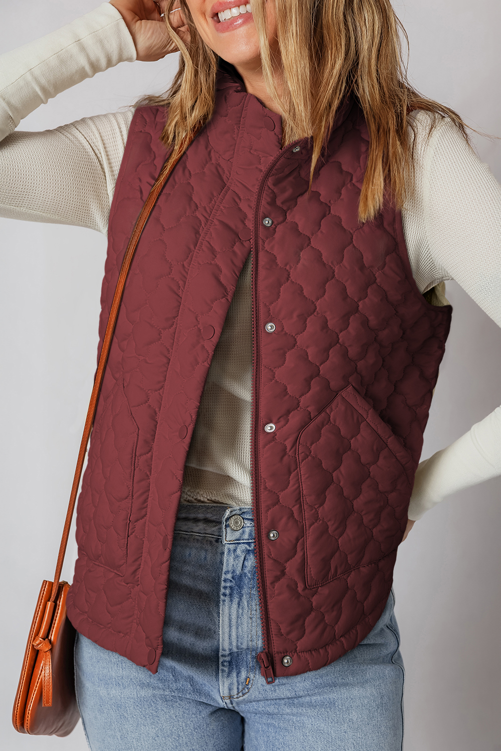 Wild Ginger Flower Shape Quilted Snap Button Zip Up Winter Vest - loveforevers