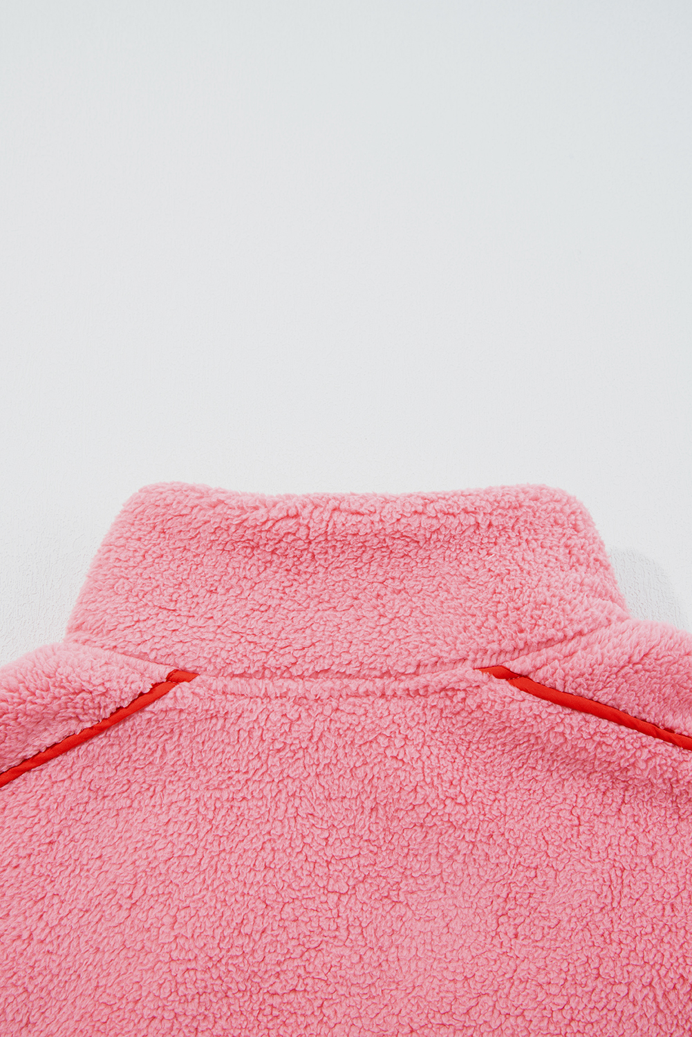 Strawberry Pink Sherpa Contrast Faux Leather Trim Half Zip Pocketed Pullover Sweatshirt - loveforevers