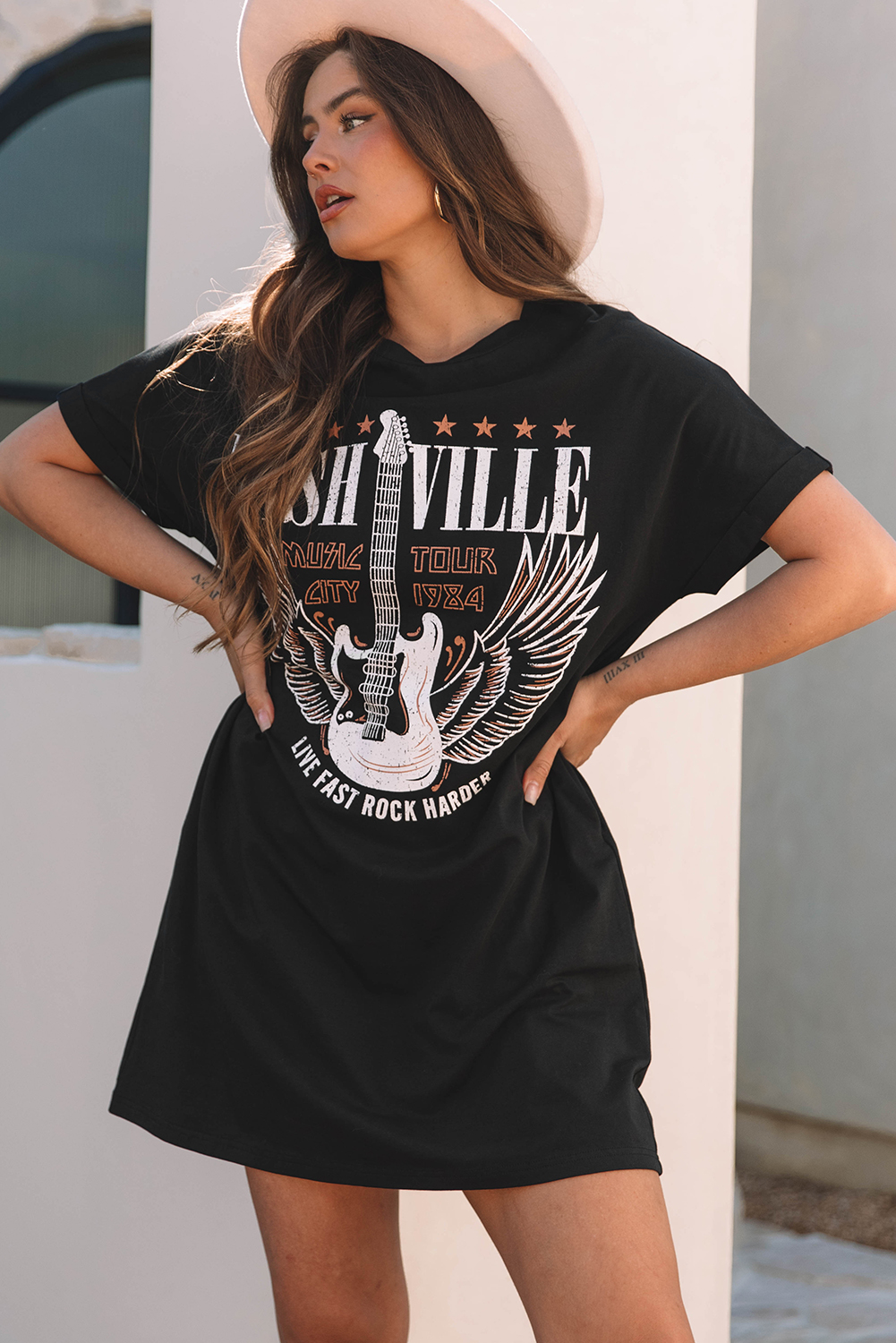 Black Nashville Guitar Print Crew Neck T Shirt Mini Dress - loveforevers