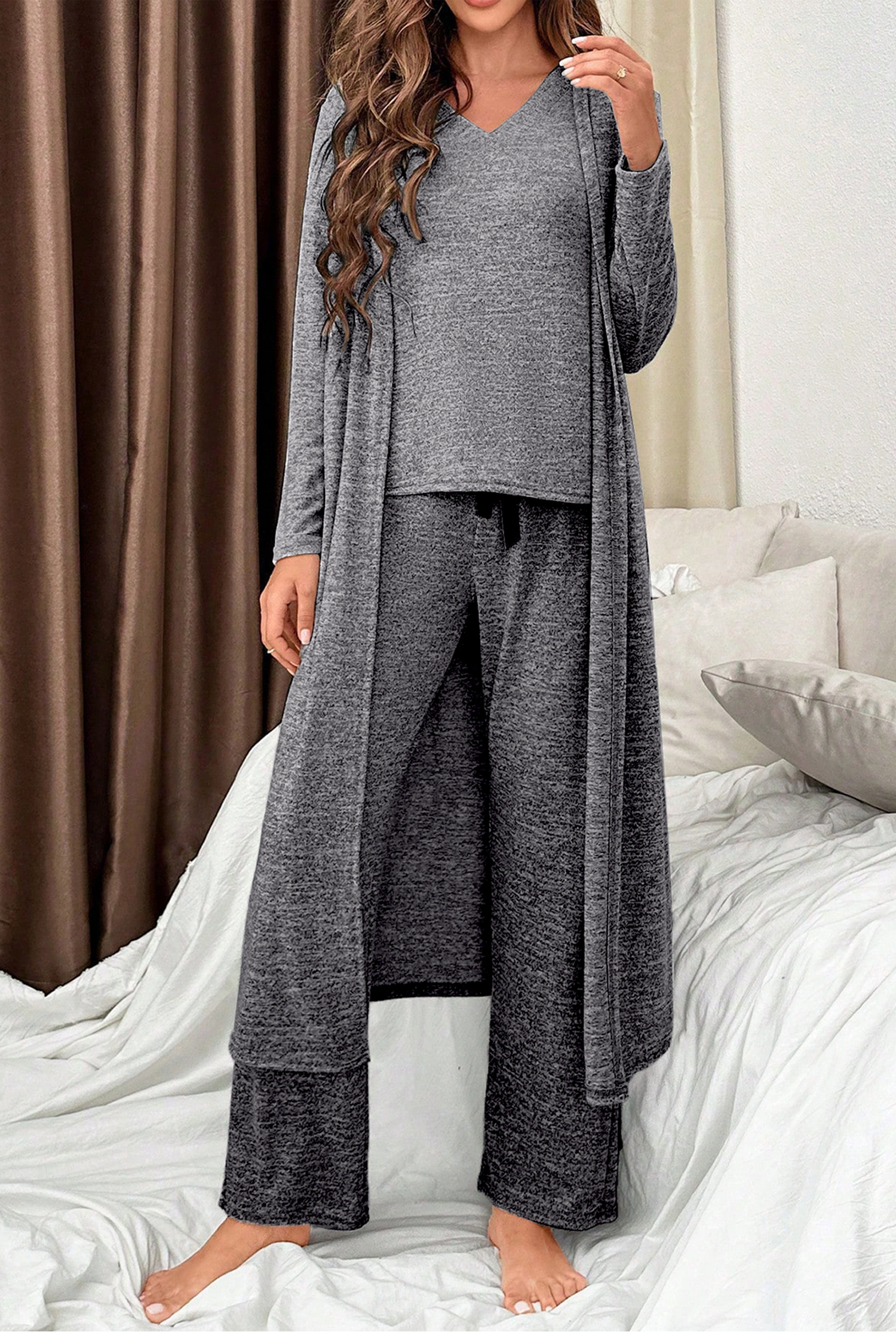 Delicacy 3pcs V Neck T Shirt Ribbon Knot Pants Open Duster 3pcs Lounge Set - loveforevers