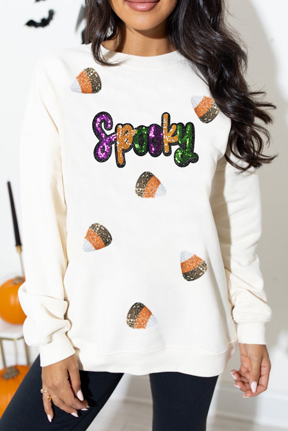 White Sequin Spooky Halloween Spirit Print Casual Sweatshirt - loveforevers