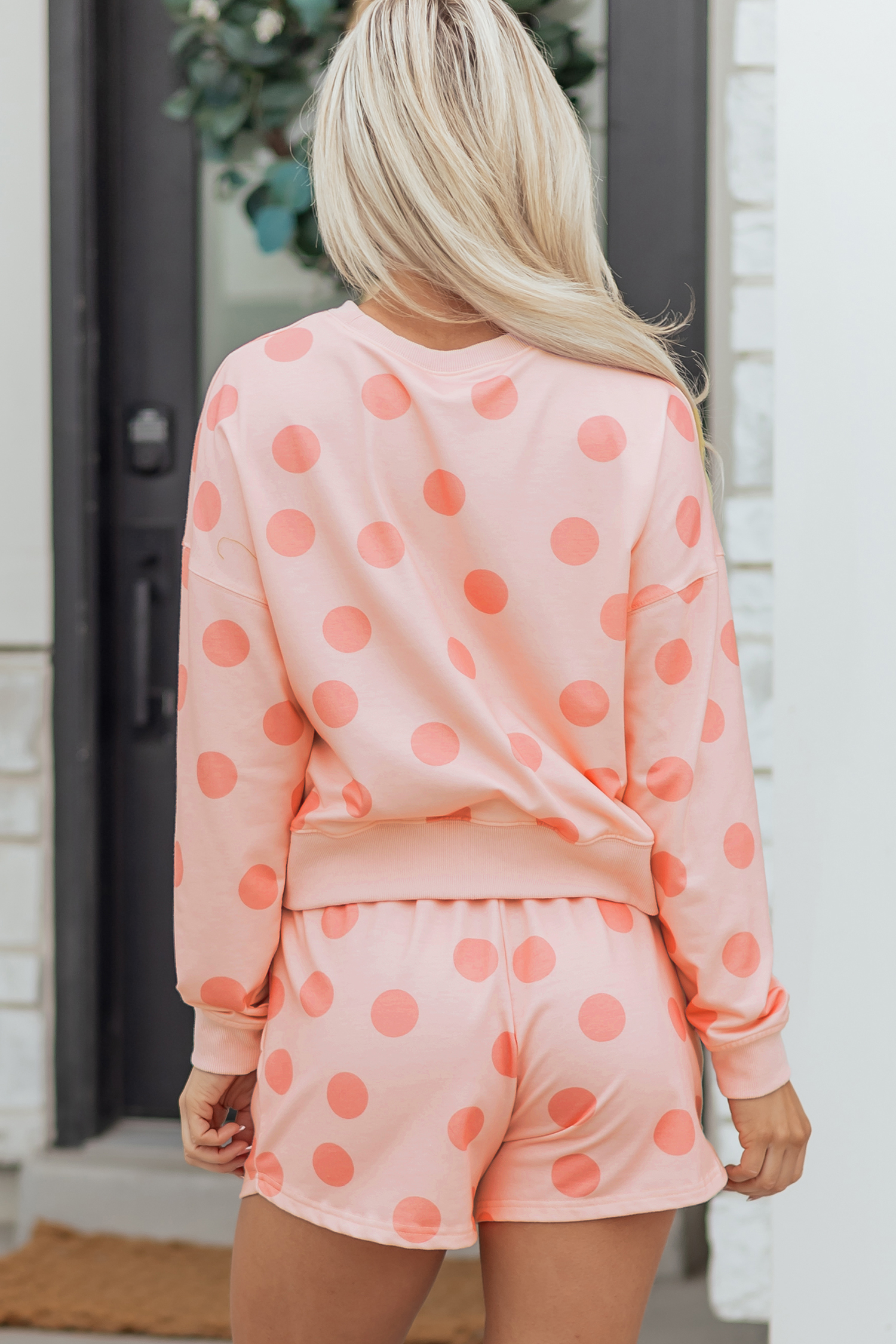 Beige Polka Dot Print Drop Shoulder Pullover Drawstring Jogger Pant Set - loveforevers