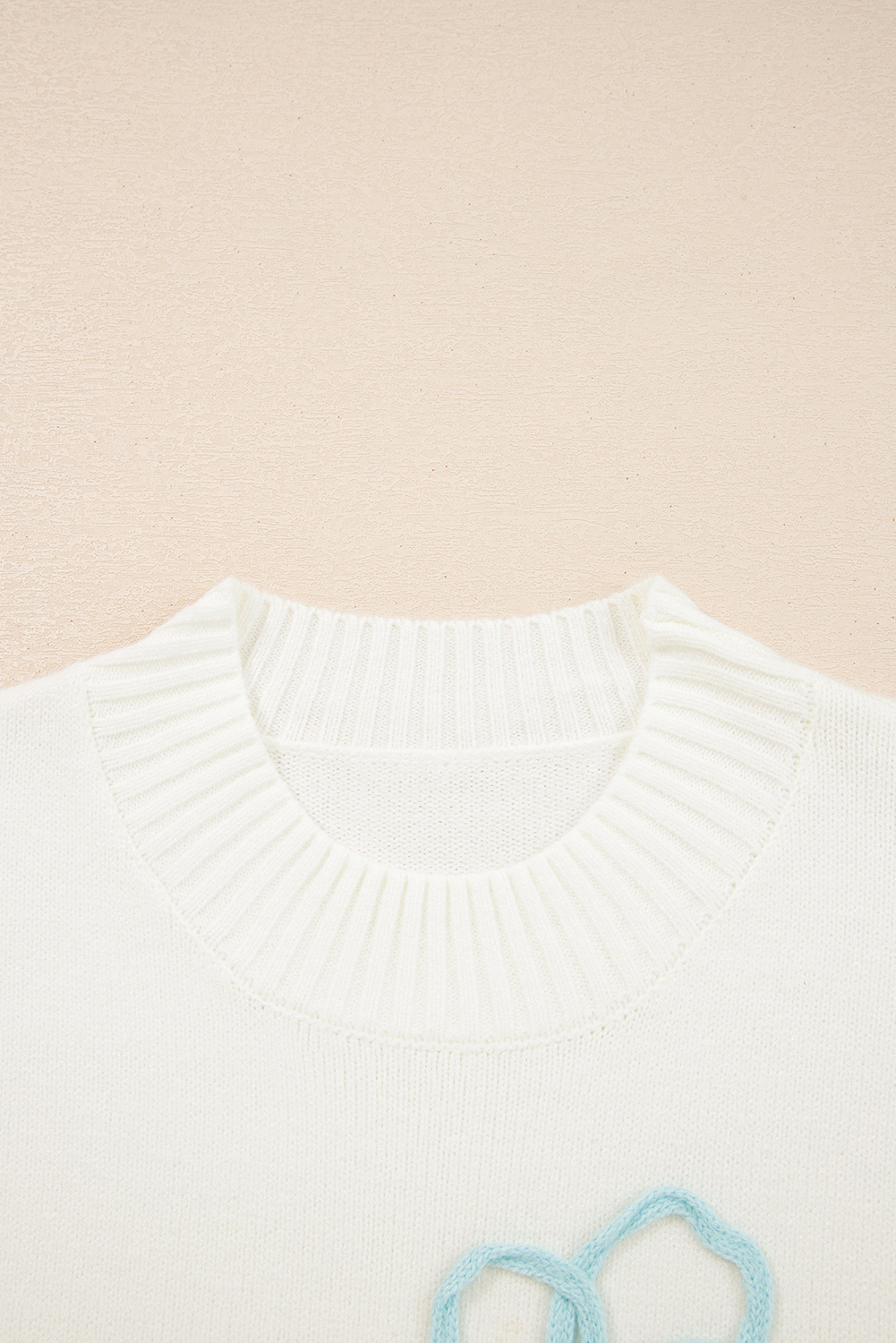 White Embroidered Flower Bouquet Ribbed Trim Loose Sweater - loveforevers