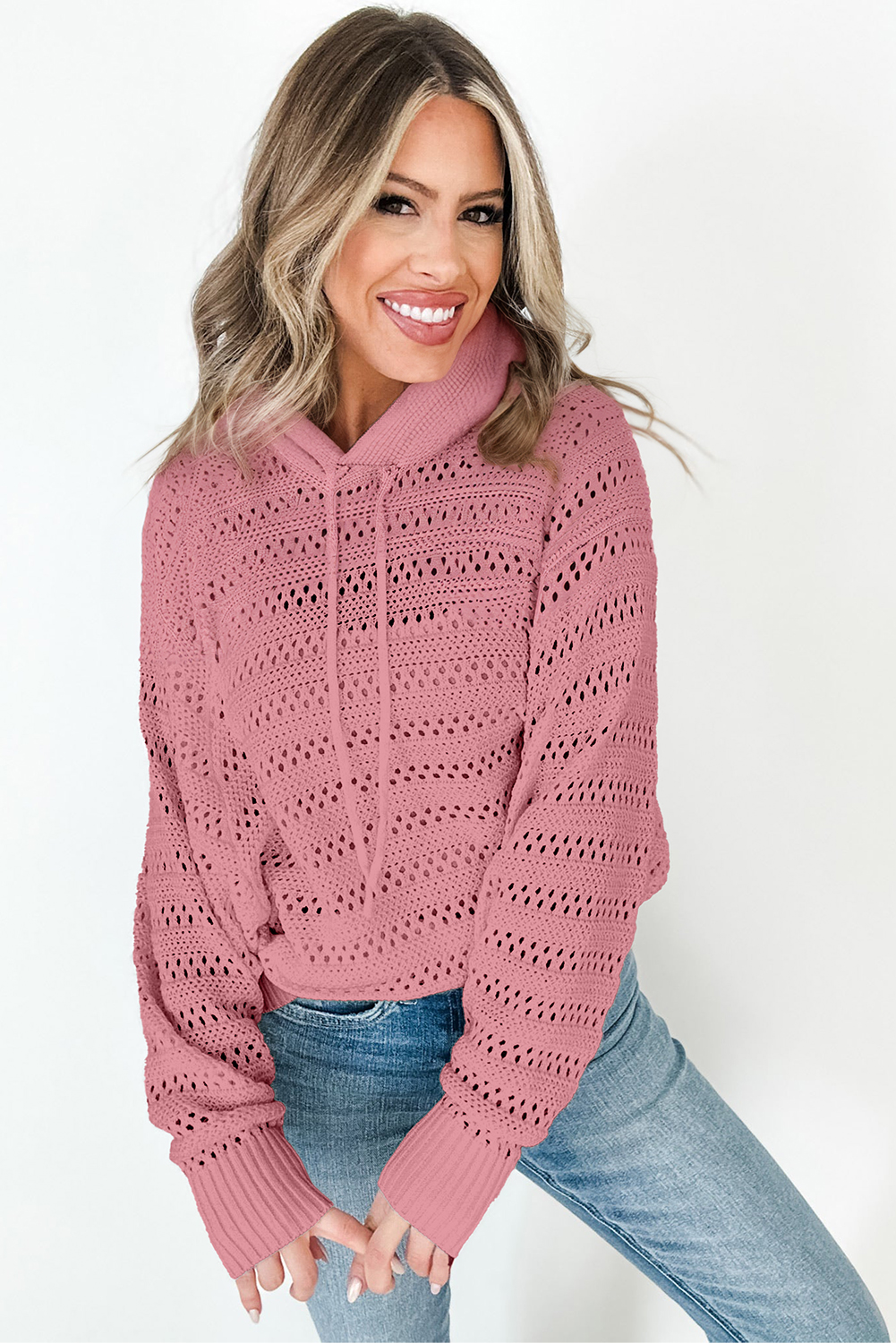 Peach Blossom Pointelle Knit Raglan Sleeve Hooded Sweater - loveforevers