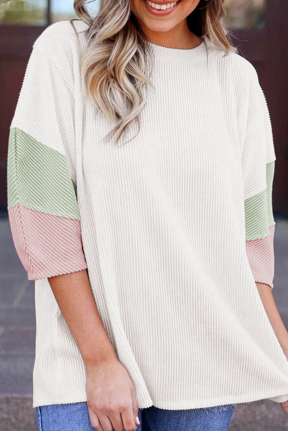 White Color Block Ribbed Knit Quarter Sleeve Top - loveforevers