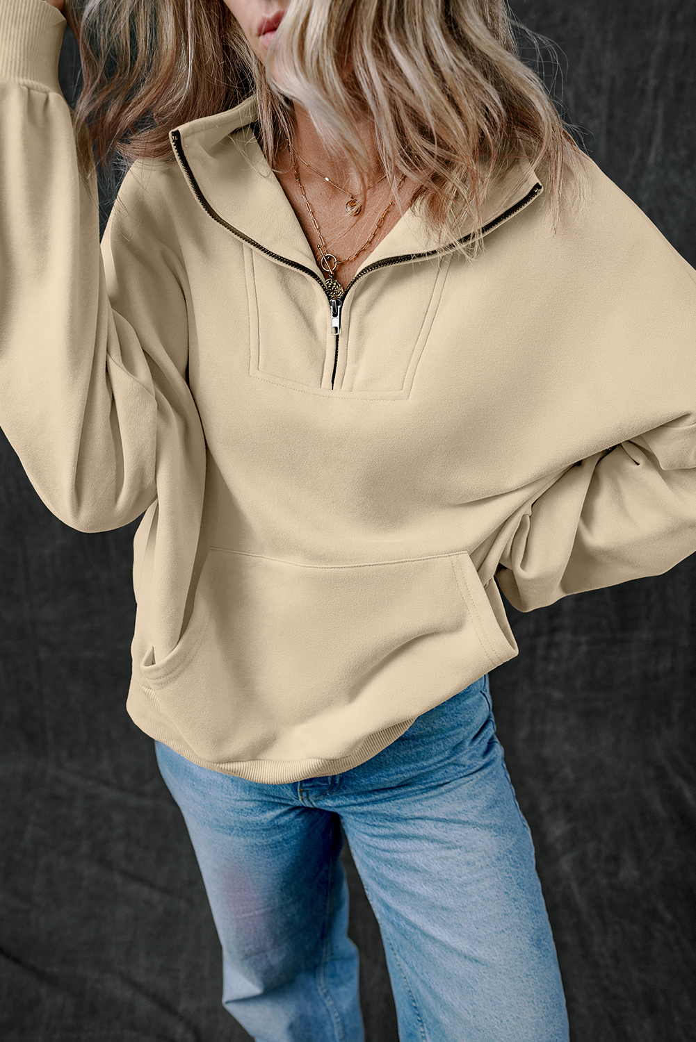 Bonbon Zip-up Stand Neck Kangaroo Pocket Sweatshirt - loveforevers