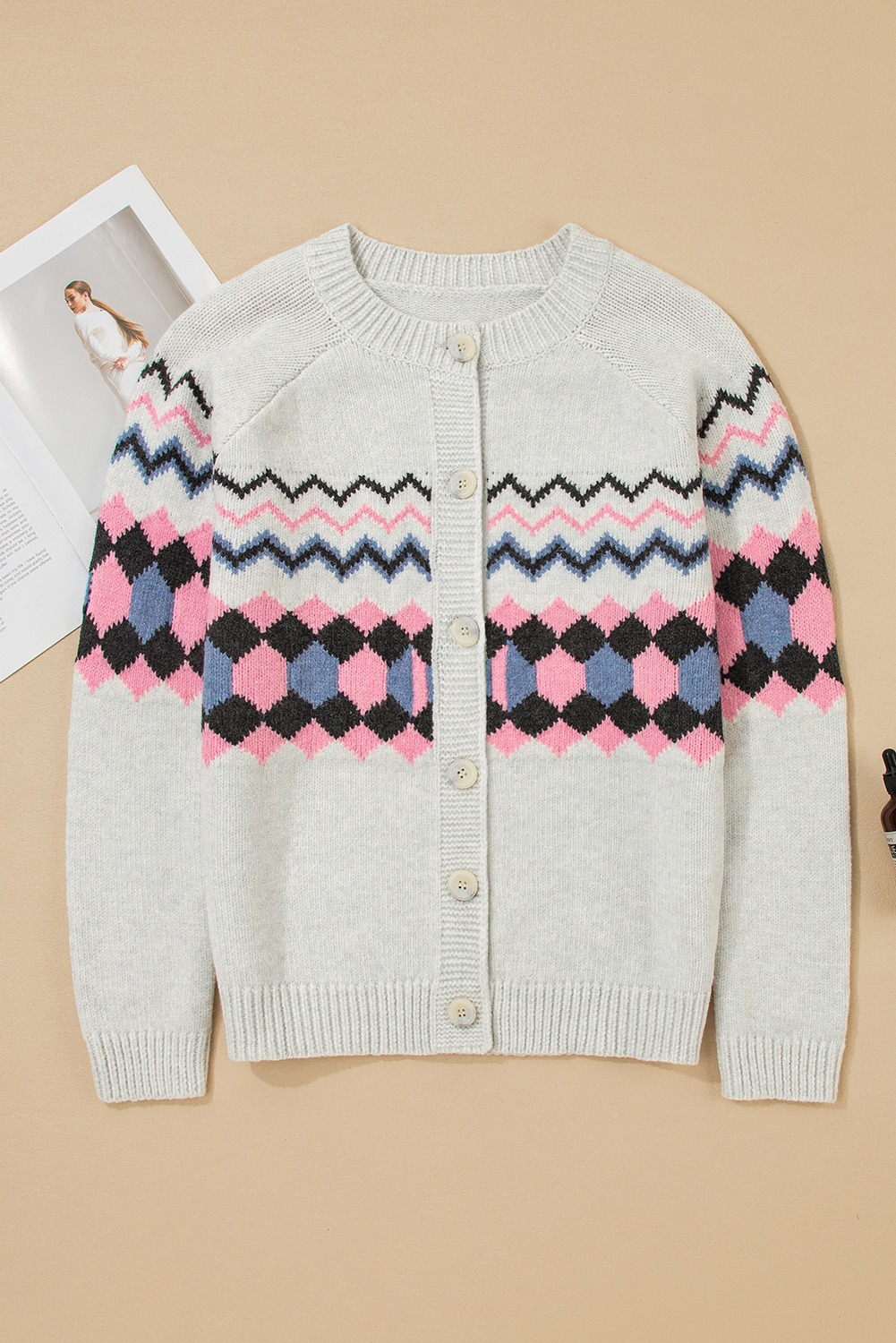 Pink Stripe Geometric Button Up Sweater Cardigan - loveforevers