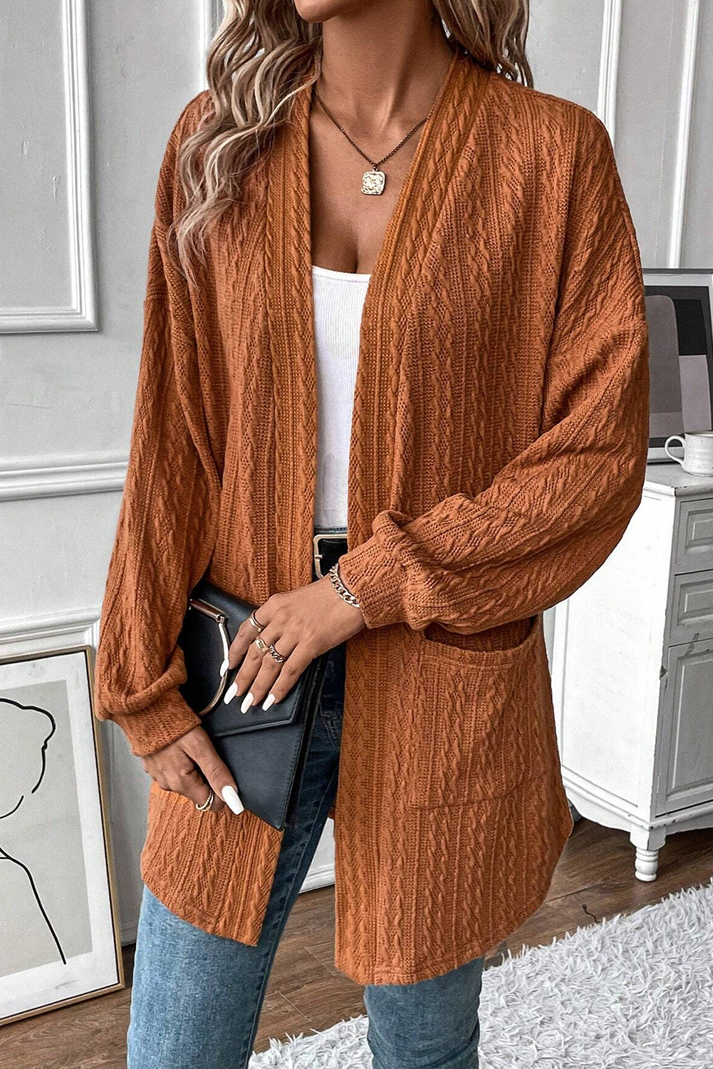 Chestnut Textured Knit Side Pockets Open Front Cardigan - loveforevers