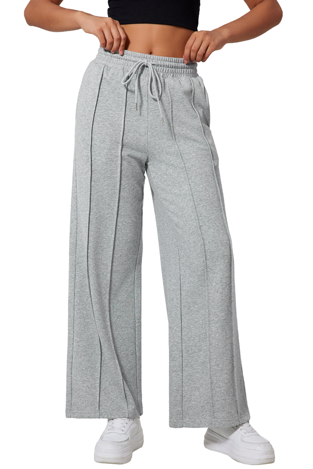 Black Seamed Drawstring High Waist Wide Leg Sweatpants - loveforevers