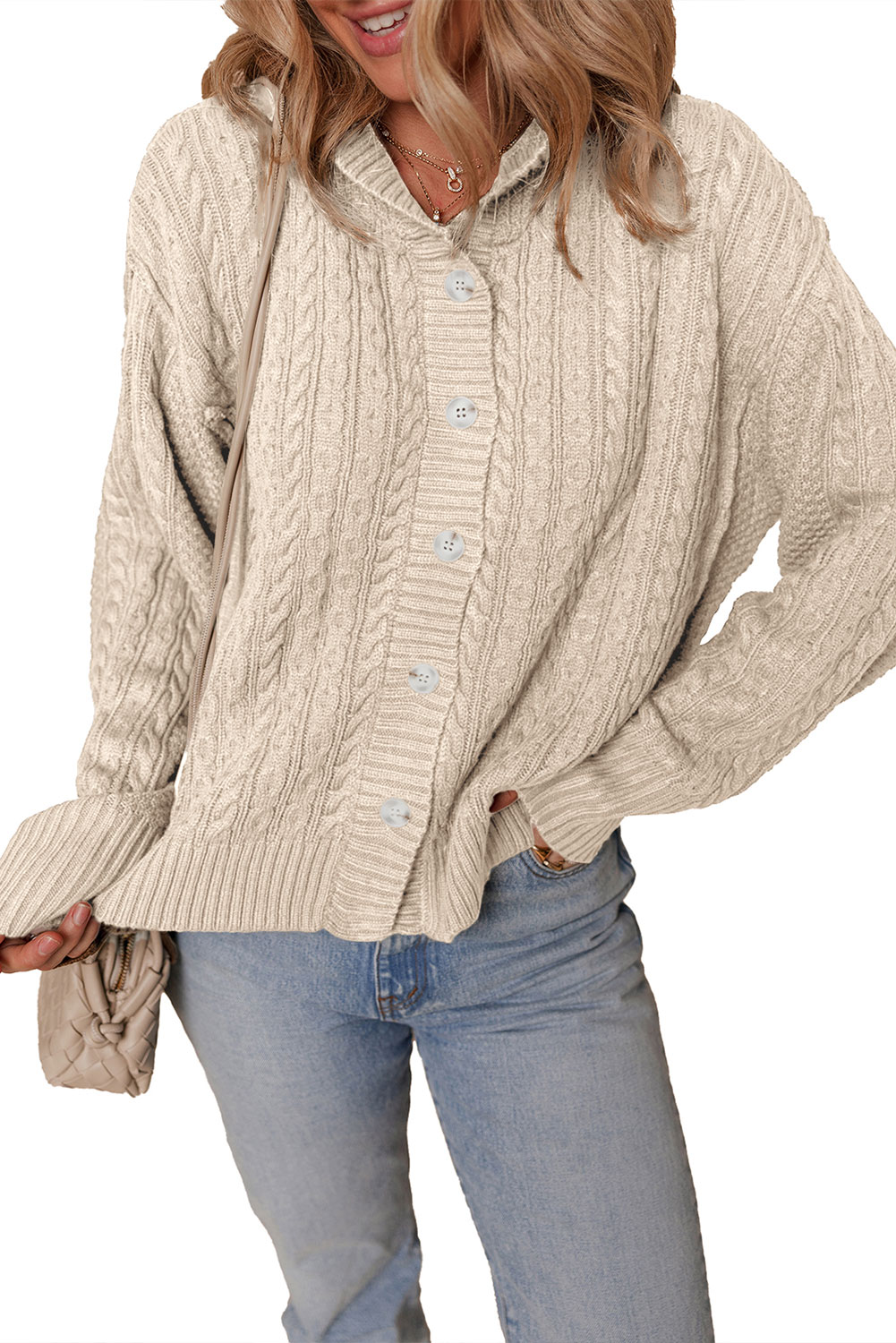 White Cable Knit Texture Uneven Hem Hooded Chic Cardigan - loveforevers