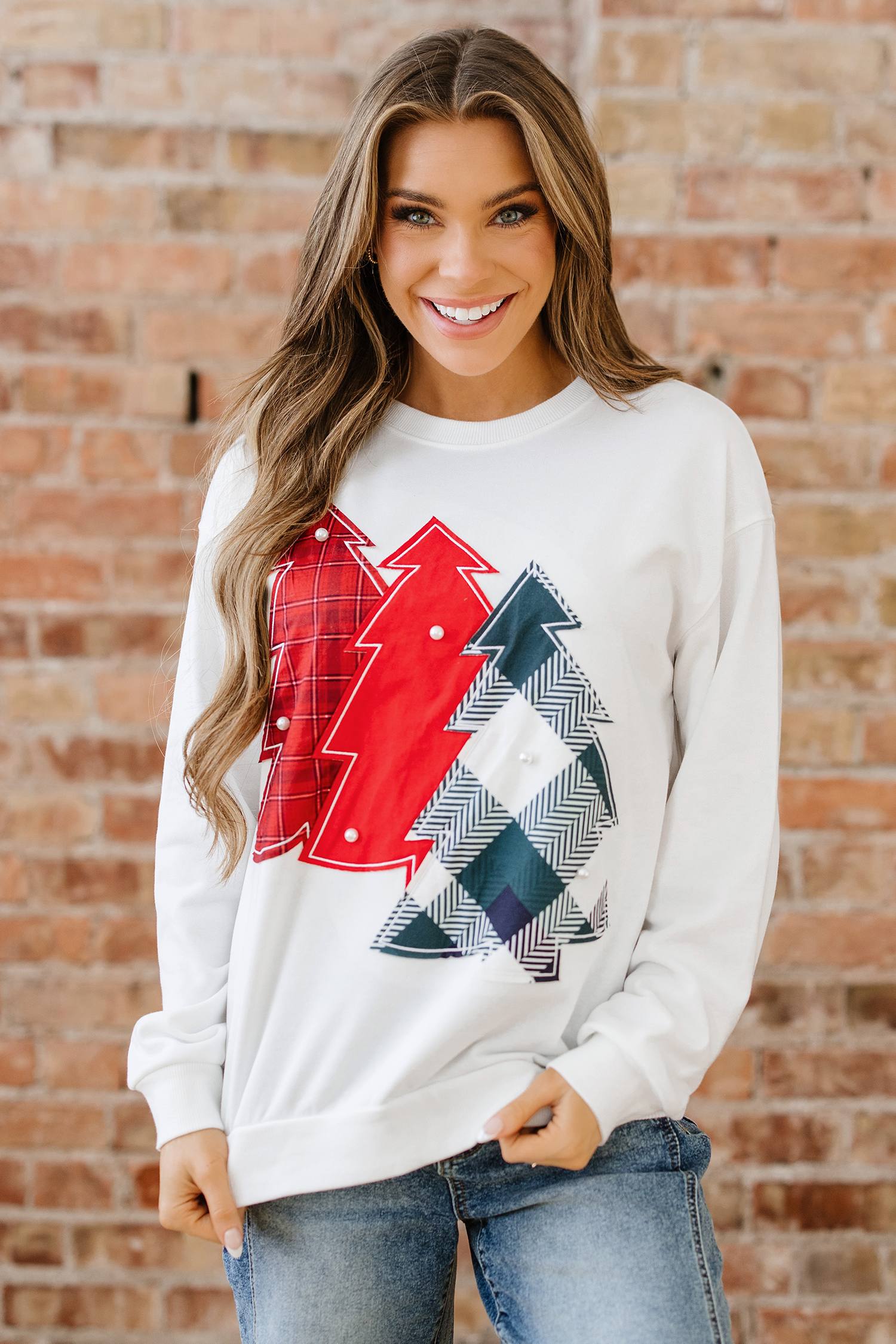 White Pearl Plaid Christmas Tree Patched Drop Shoulder Sweatshirt - loveforevers