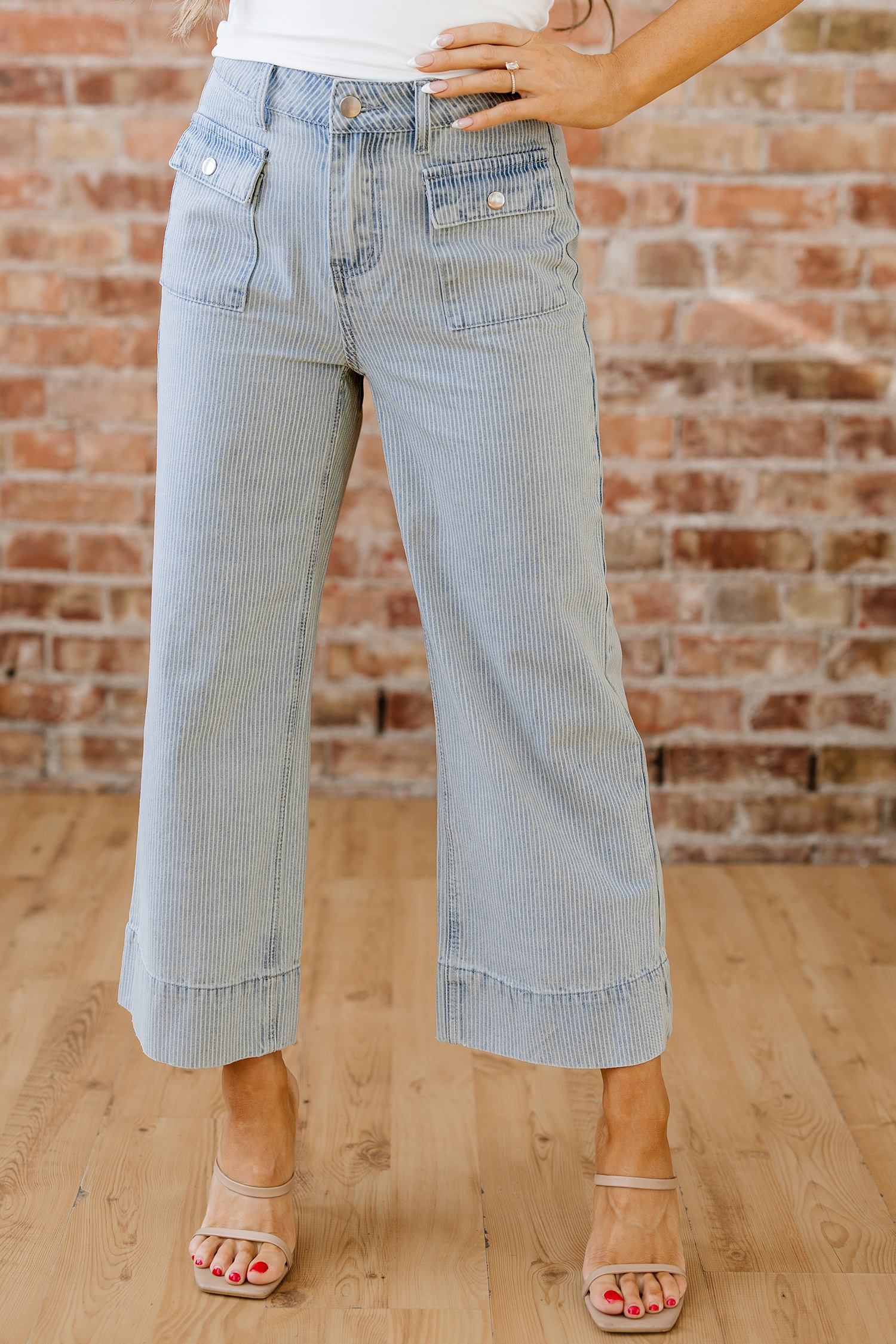 Sky Blue Stripe Button Flap Pocket Cuffed Hem Wide Leg Jeans - loveforevers