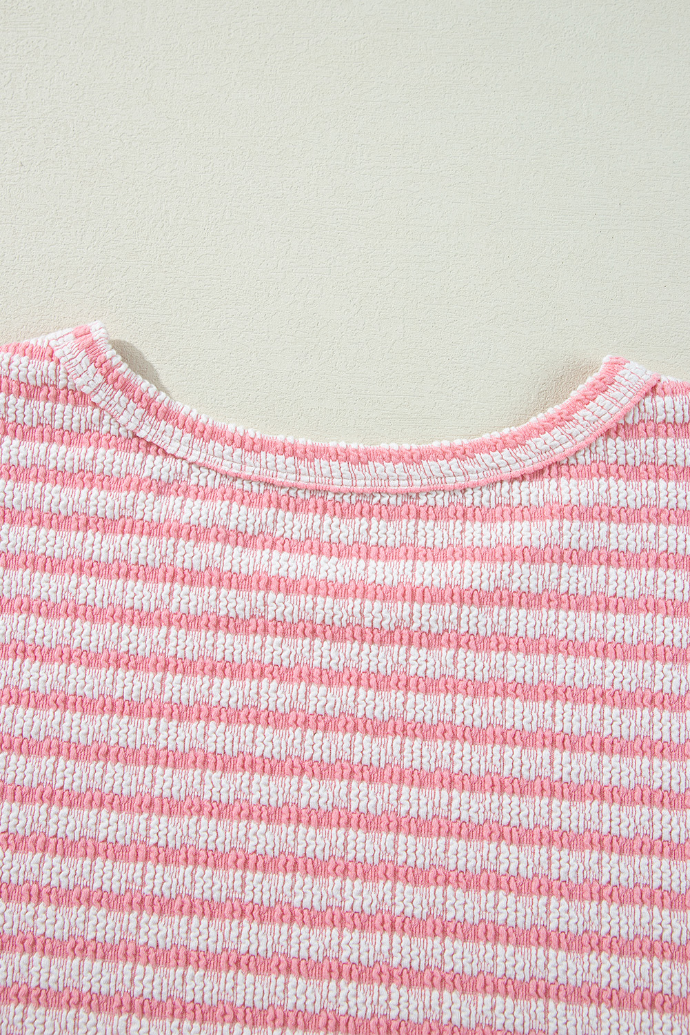 Pink Stripe Textured Puff Sleeve Crewneck Top - loveforevers
