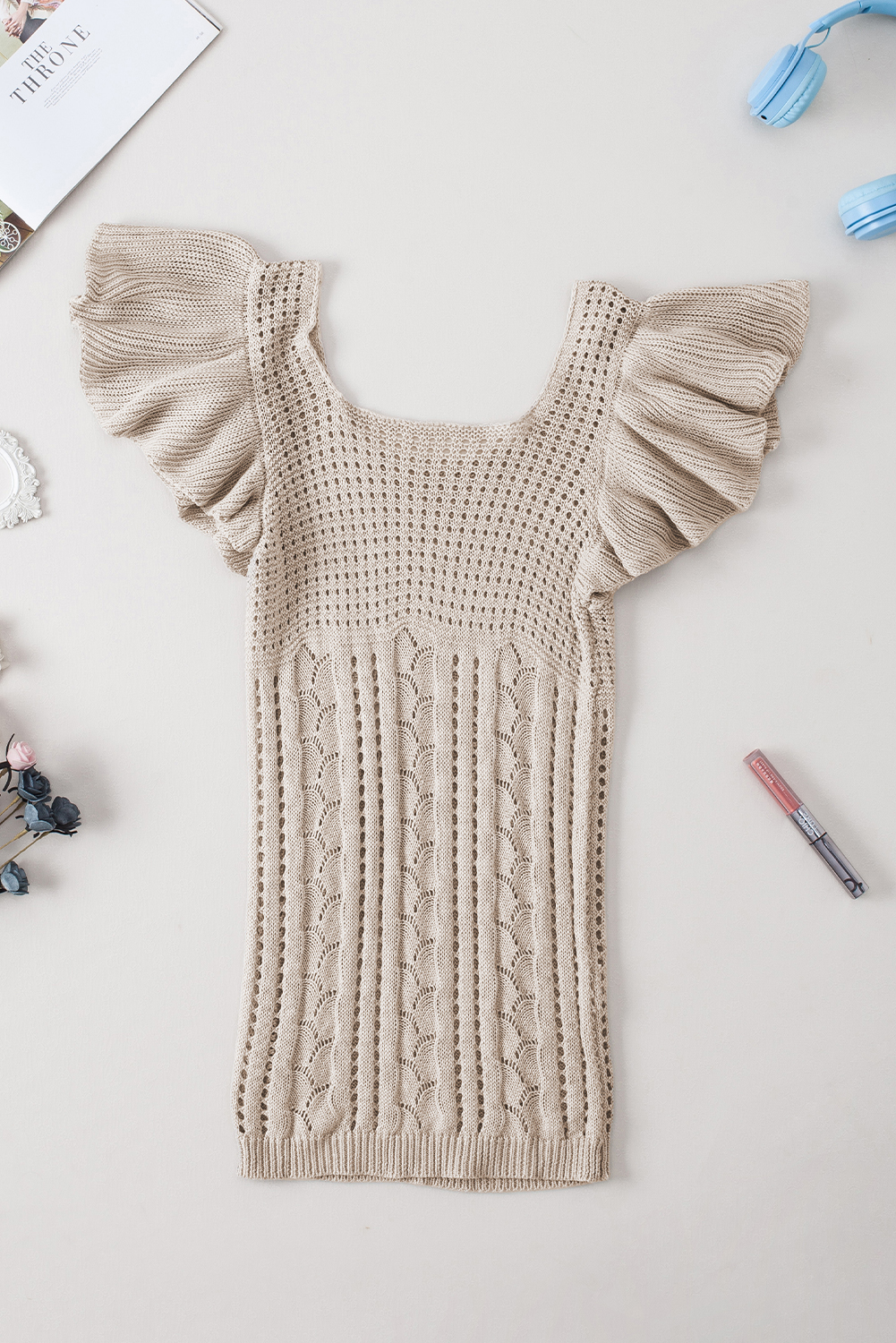 Beige Pointelle Knit Flutter Sleeve Sweater - loveforevers