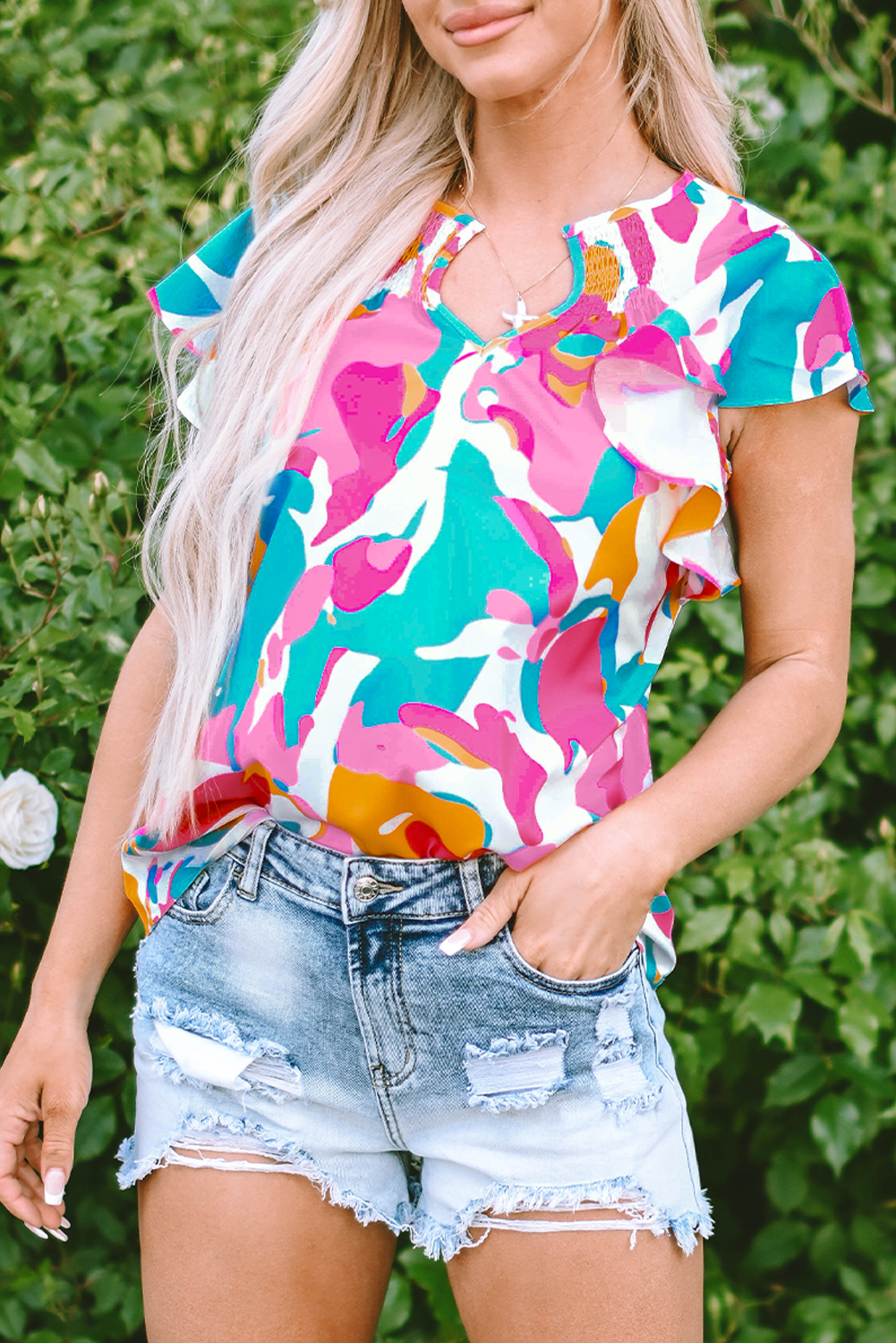 Multicolour Abstract Print Notched Neck Flutter Sleeve Blouse - loveforevers