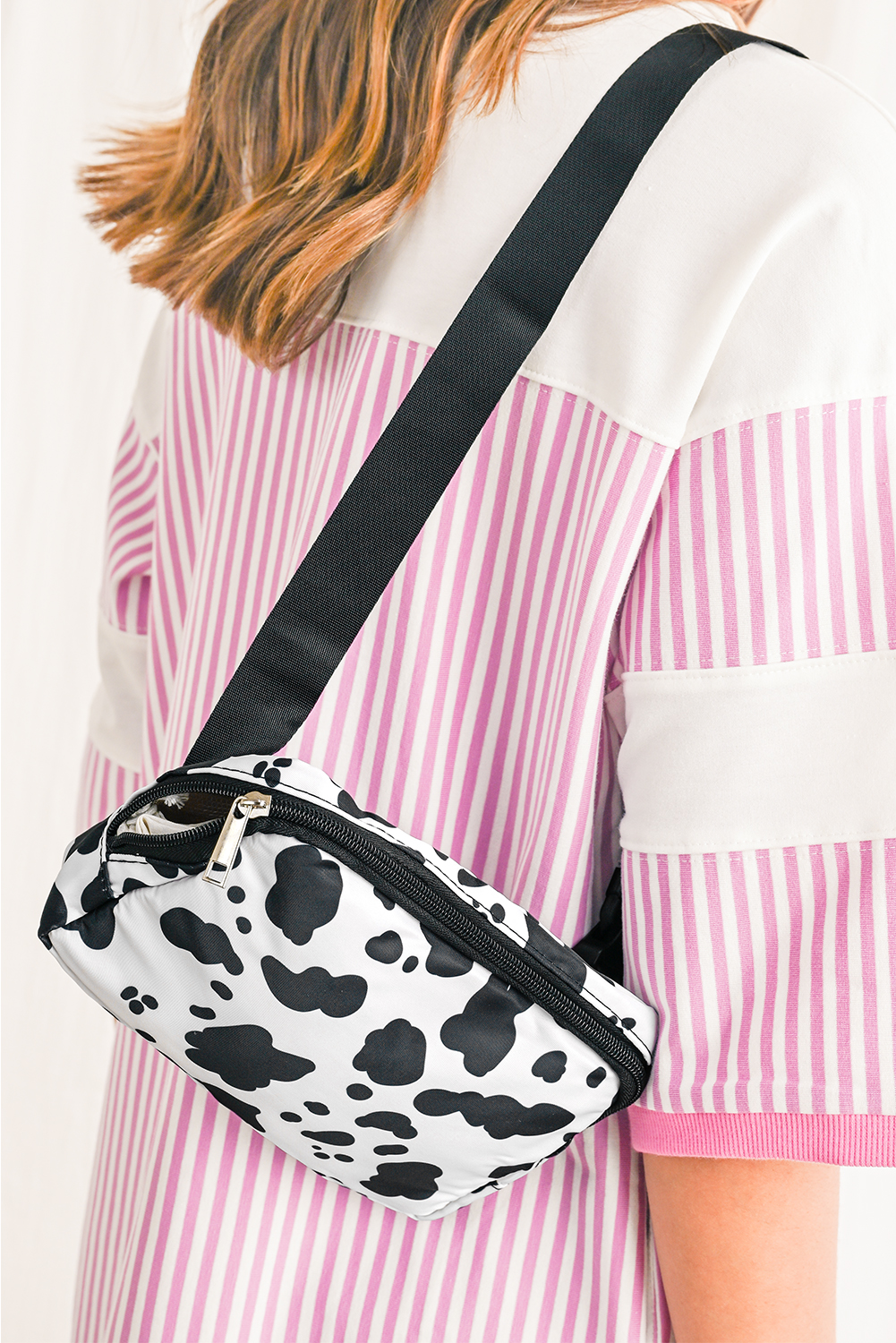 White Cow Pattern Print Buckle Wide Belt Inclined Shoulder Bag - loveforevers