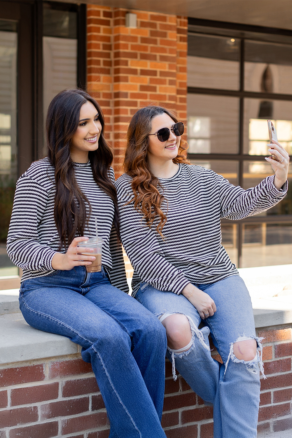 Black Stripe Round Neck Drop Shoulder Long Sleeve Top - loveforevers