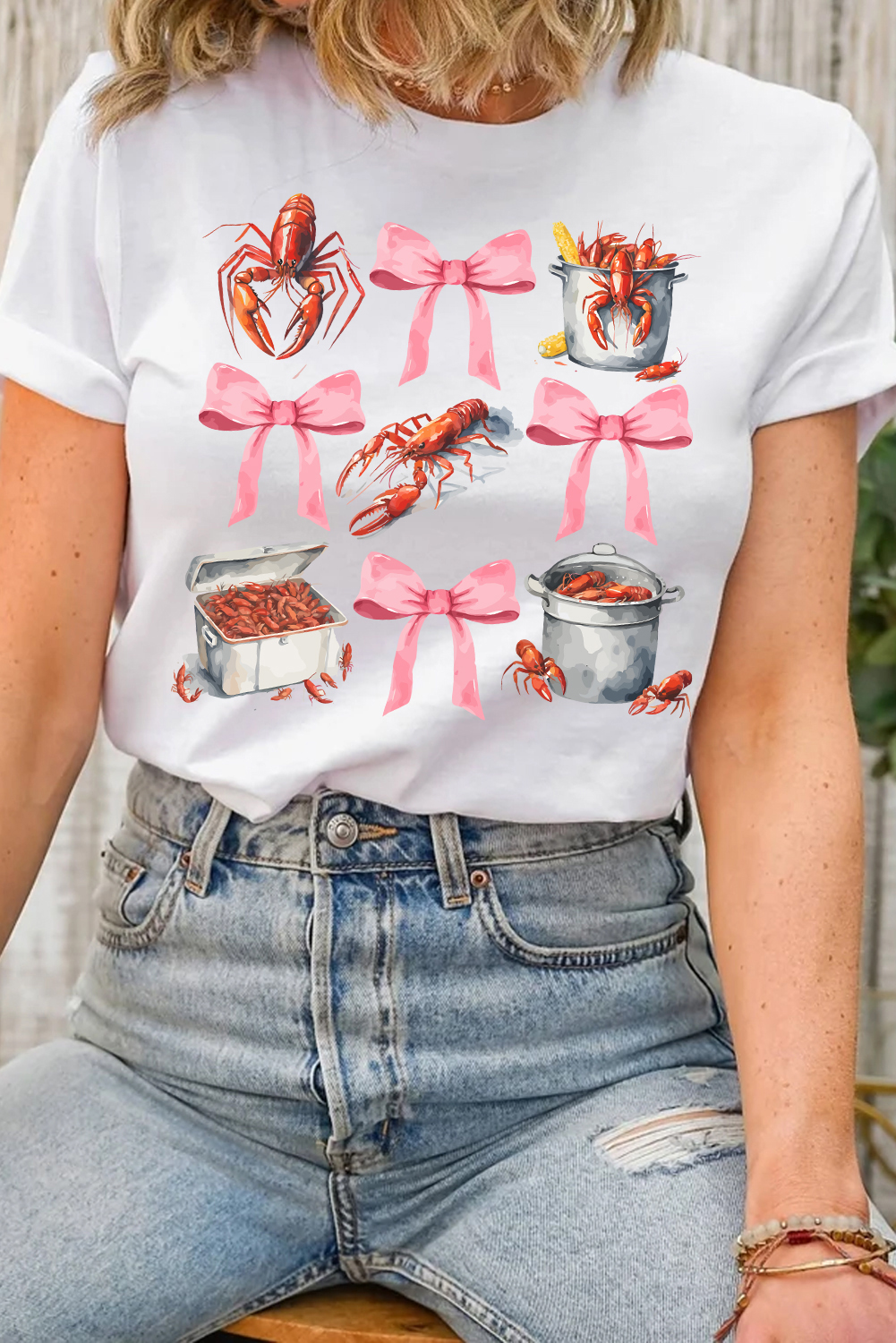White Crawfish Boil Bow Graphic Crewneck Tee - loveforevers