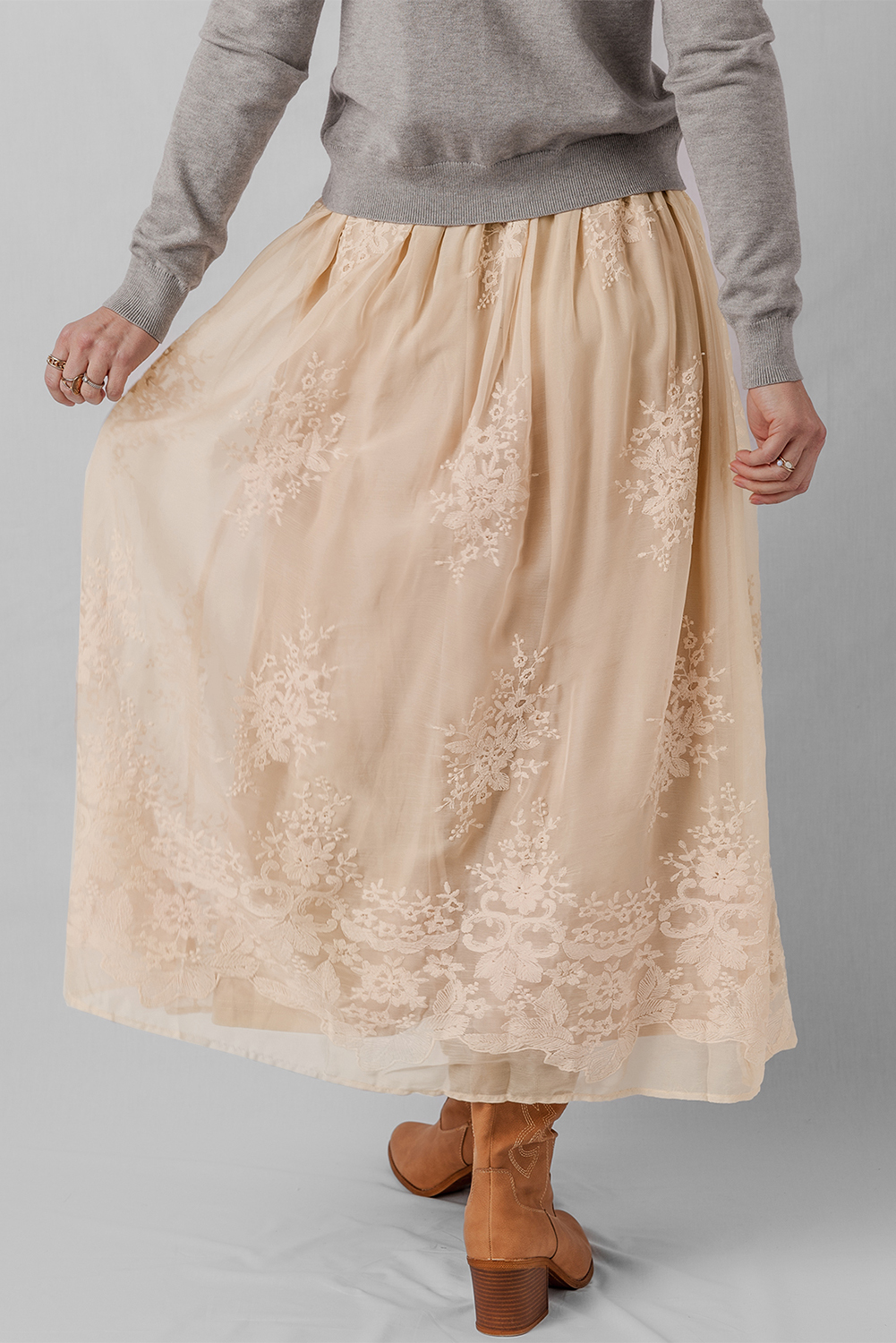 Oatmeal Embroidered Mesh Overlay Flowy Long Skirt - loveforevers