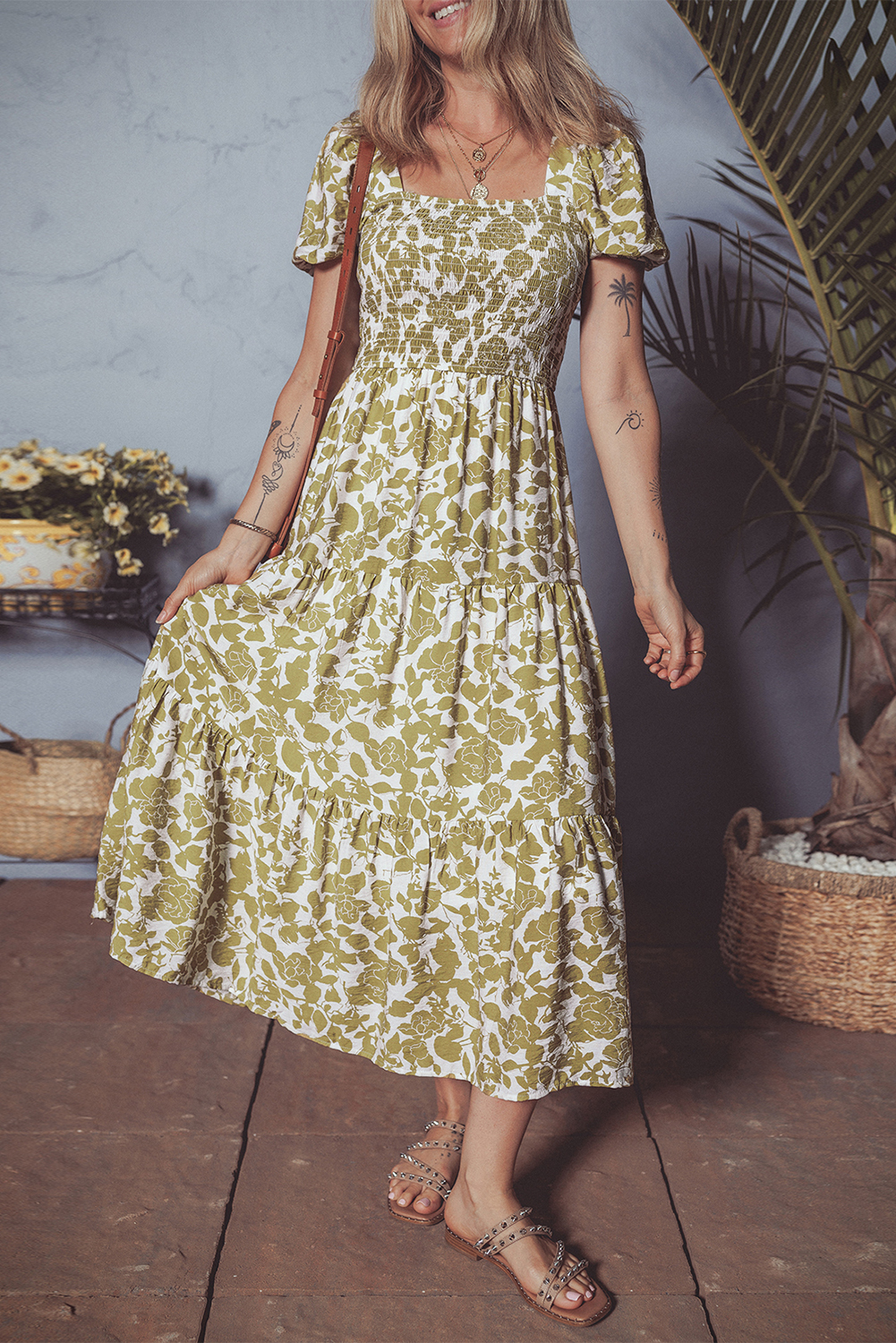Yellow Boho Floral Square Neck Smocked Bust Puff Sleeve Tiered Long Dress - loveforevers