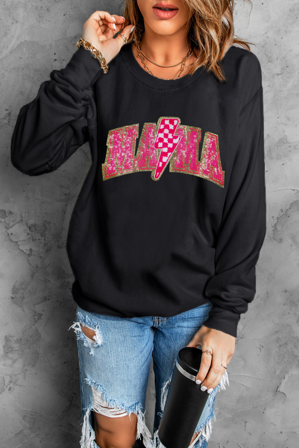 Black MAMA Shiny Graphic Pullover Sweatshirt - loveforevers