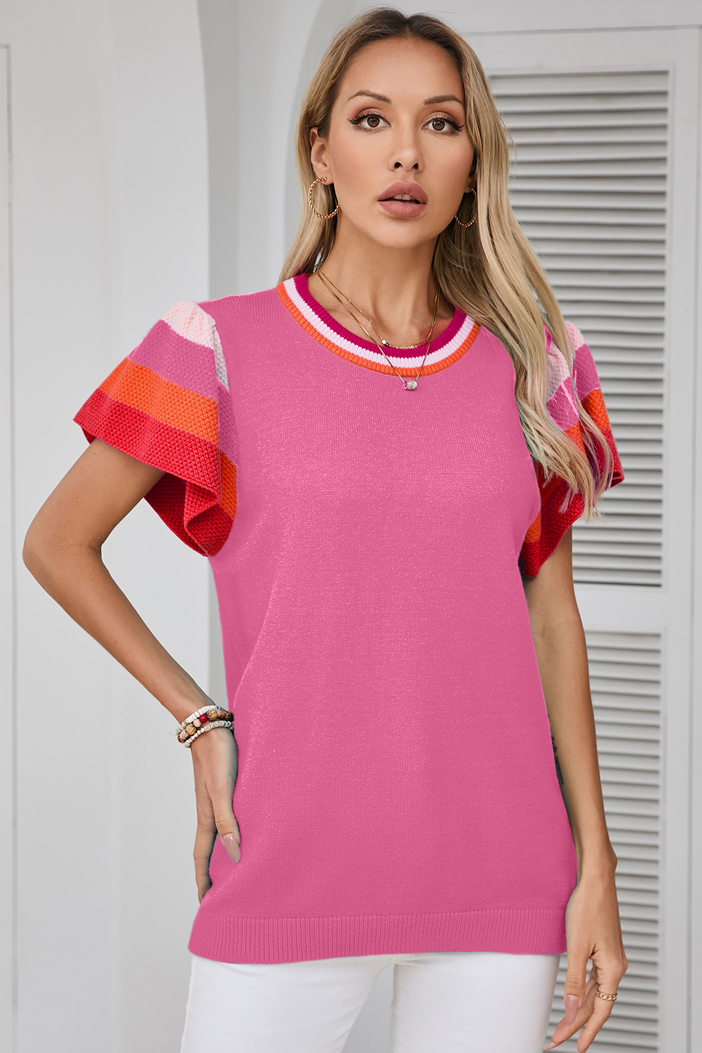 Bright Pink Contrast Flutter Sleeves Knitted Sweater T Shirt - loveforevers