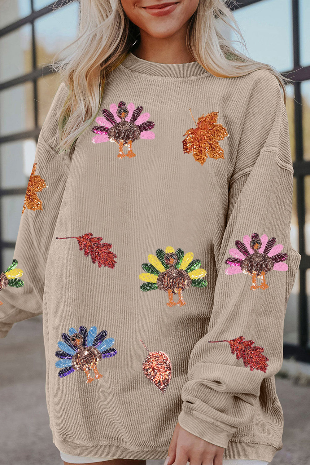 Smoke Gray 3D Ribbed Sequin Fall Leaf Turkey Graphic Baggy Sweatshirt - loveforevers