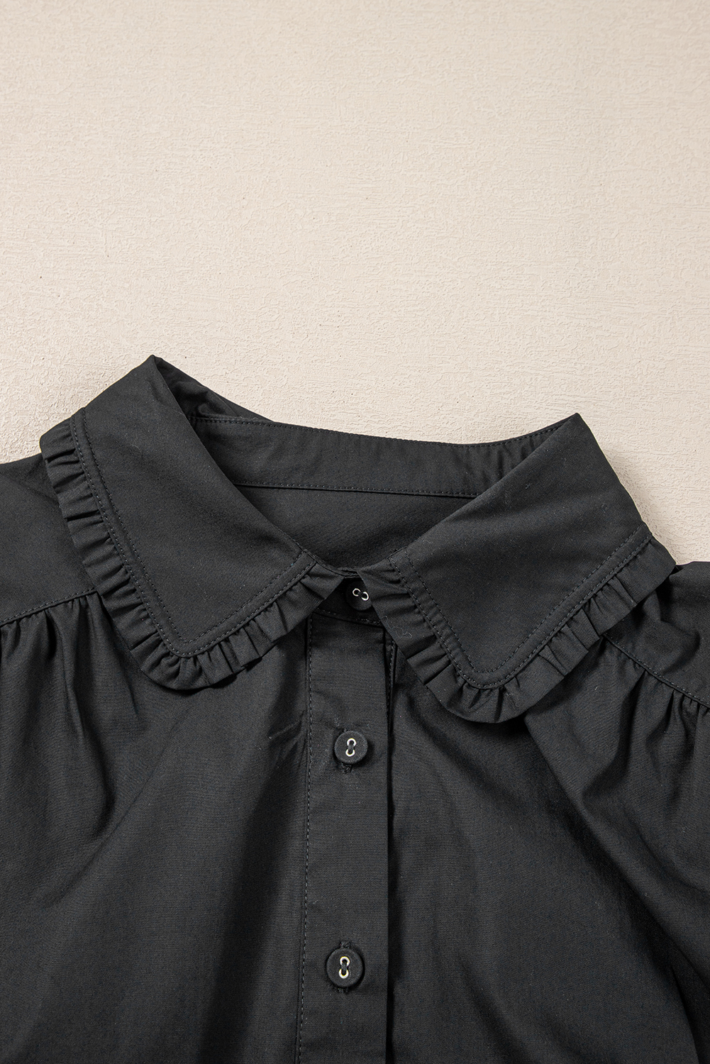 Black Shirt Style Button Down Puff Sleeve Ruffle Hem Dress - loveforevers