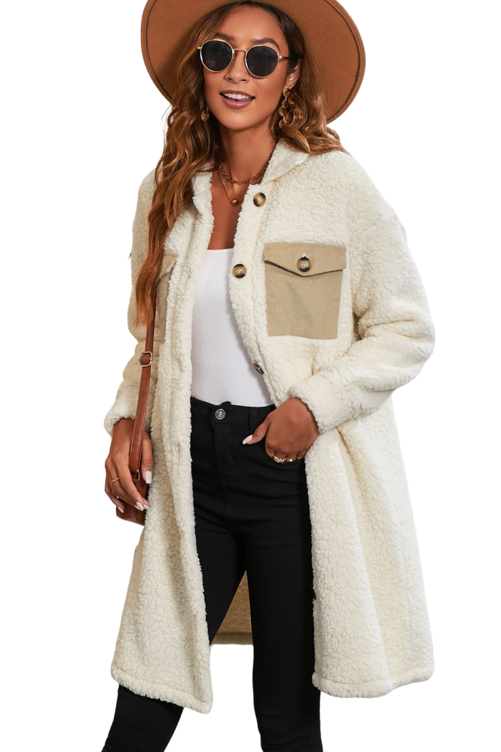 Beige Contrast Flap Pocket Single Breasted Teddy Coat - loveforevers