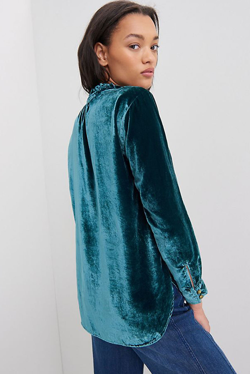 Burgundy Frilled Neck Buttoned Front Velvet Top - loveforevers