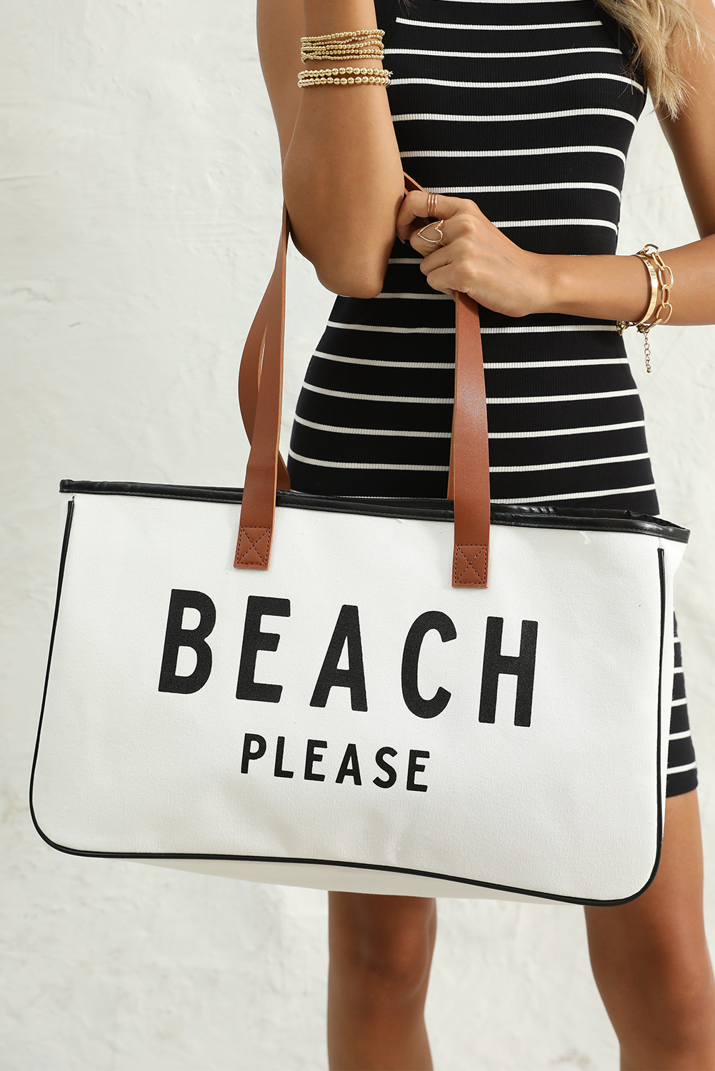 White BEACH PLEASE Print Large Canvas Tote Bag - loveforevers