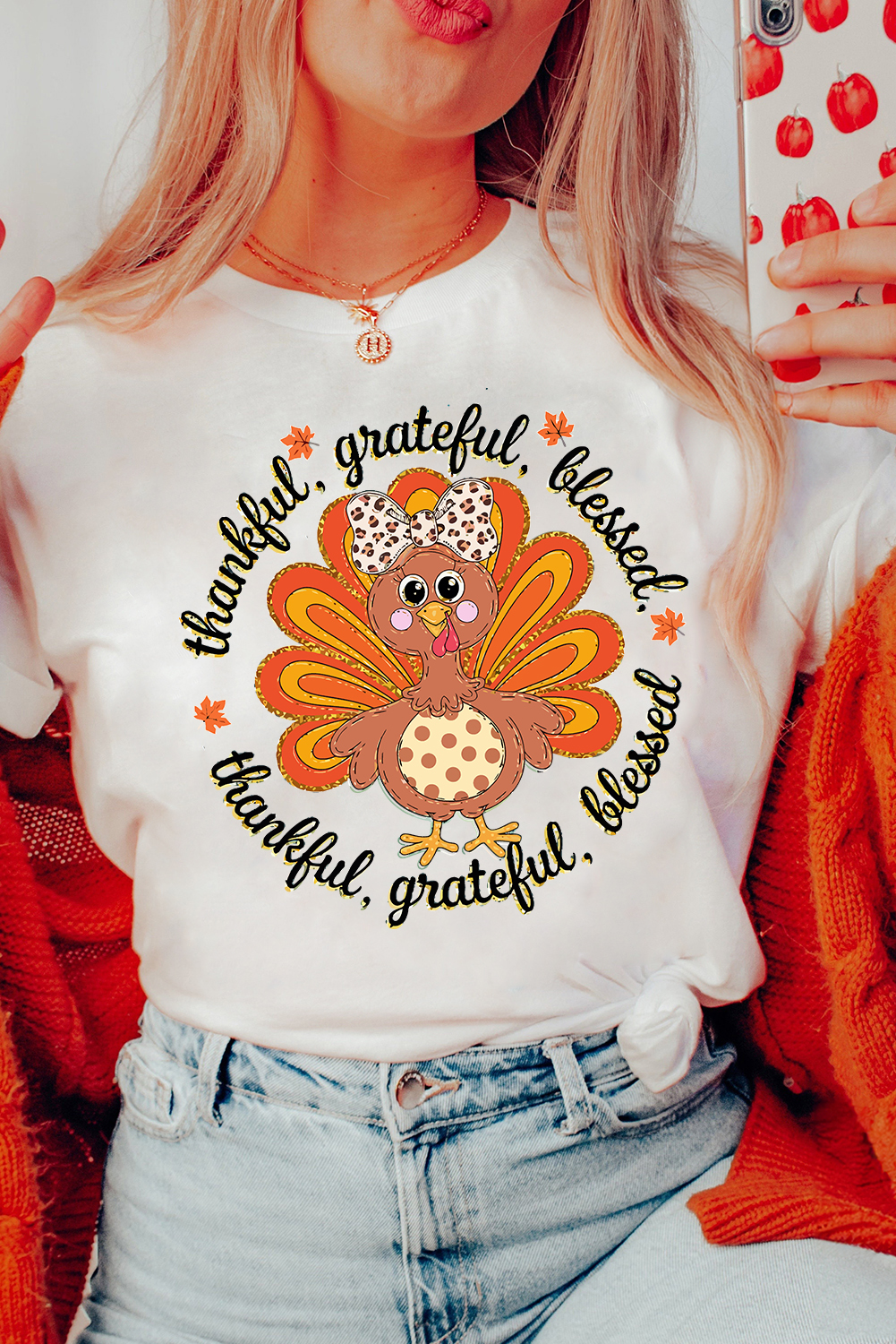 White Thanksgiving Cute Turkey Print Cotton Blend T Shirt - loveforevers