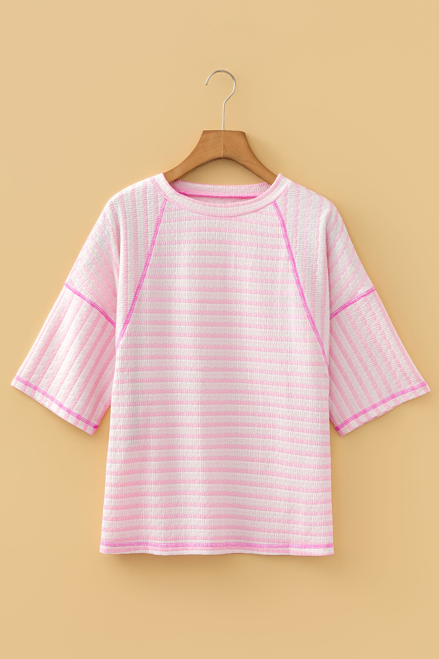 Pink Stripe Textured Knit Split Hem Half Sleeve Loose Top - loveforevers