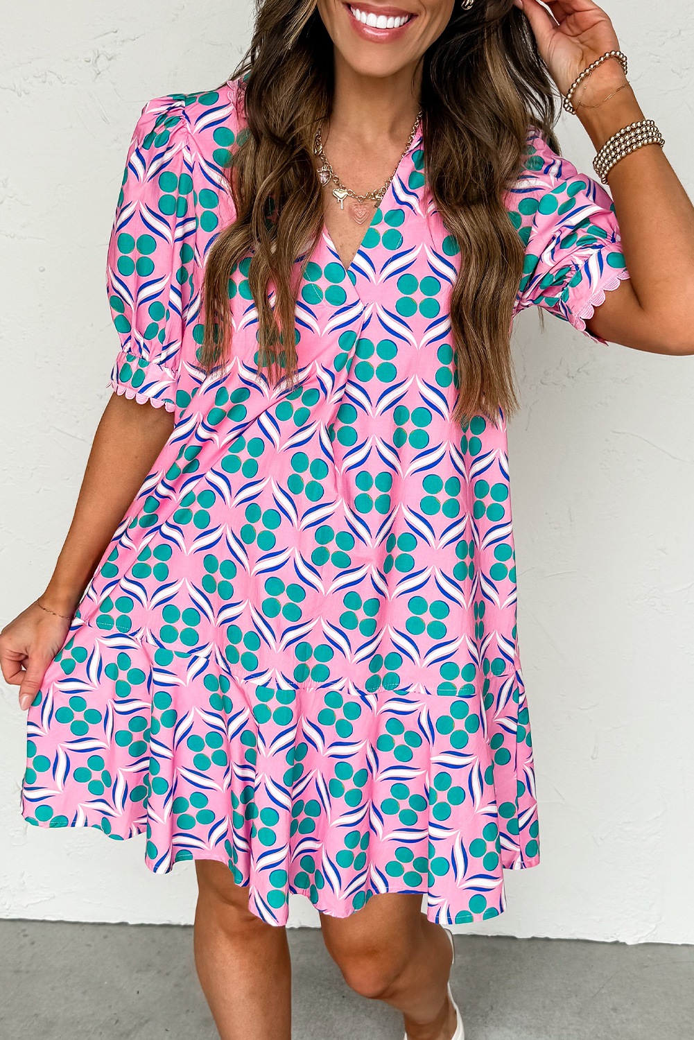 Pink Geometric Floral Print V Neck Ricrac Trim Short Sleeve Mini Dress - loveforevers