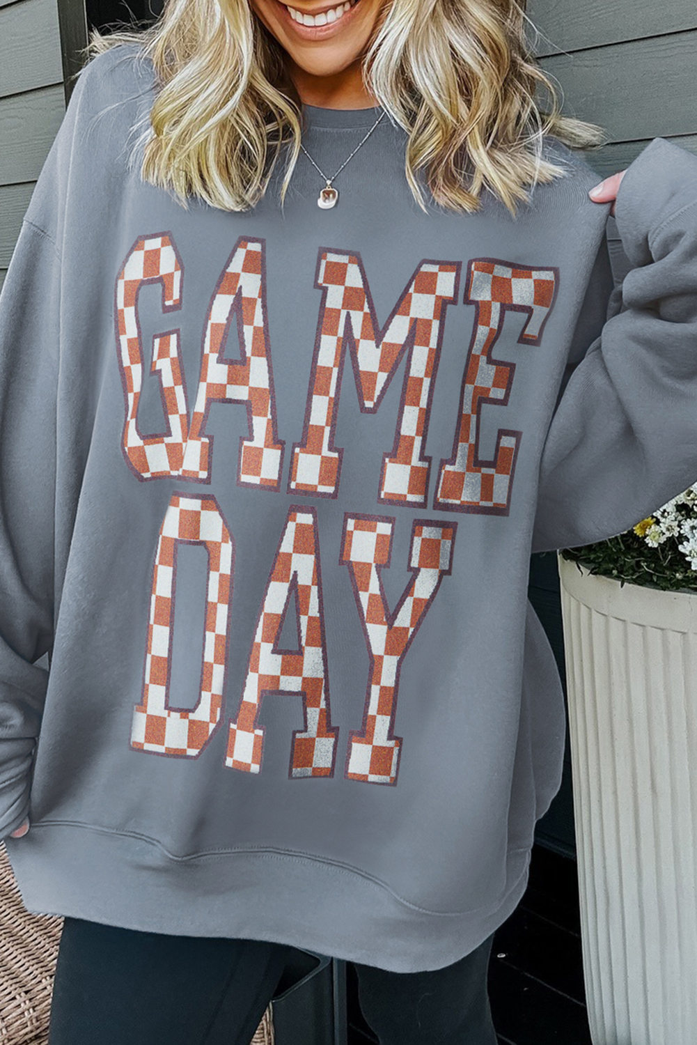 Sleet GAME DAY Checkered Letter Graphic Oversize Sweatshirt - loveforevers