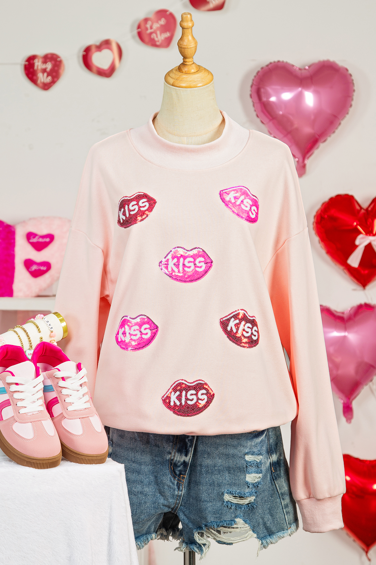 Apricot Pink Cowgirl Element Embroidered Detail Mock Neck Sweatshirt - loveforevers