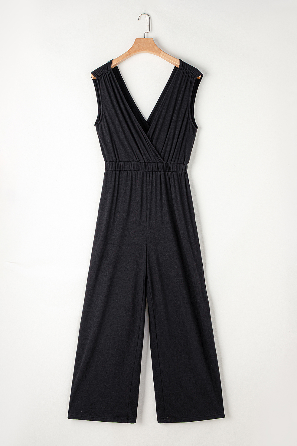 Black Deep V Pleated Crisscross Wide Leg Backless Jumpsuit - loveforevers